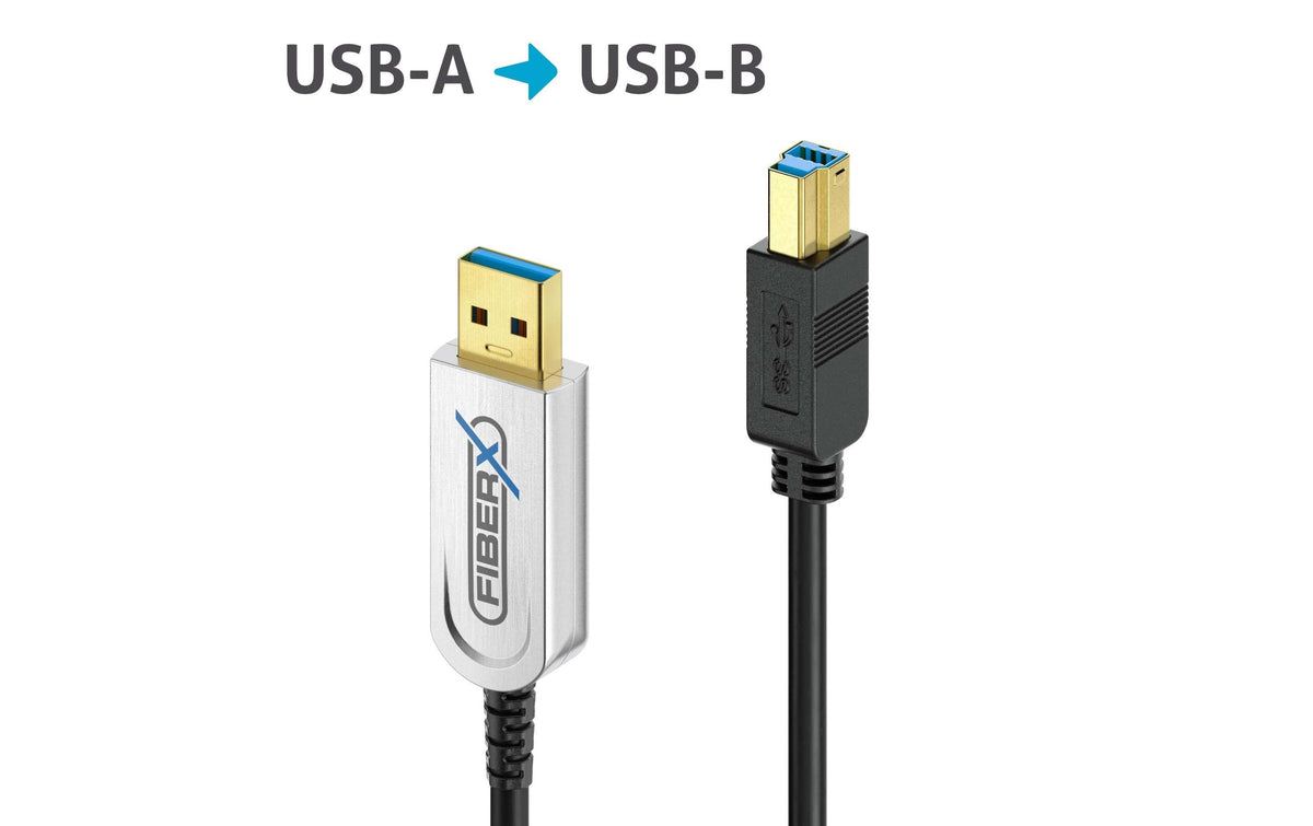 FiberX USB-Kabel – USB-A auf USB-B Kabel – USB 3.2 Gen 2 (10 Gbit/s) – 15 m – PD 4,5 W – Goldstecker – Schwarz