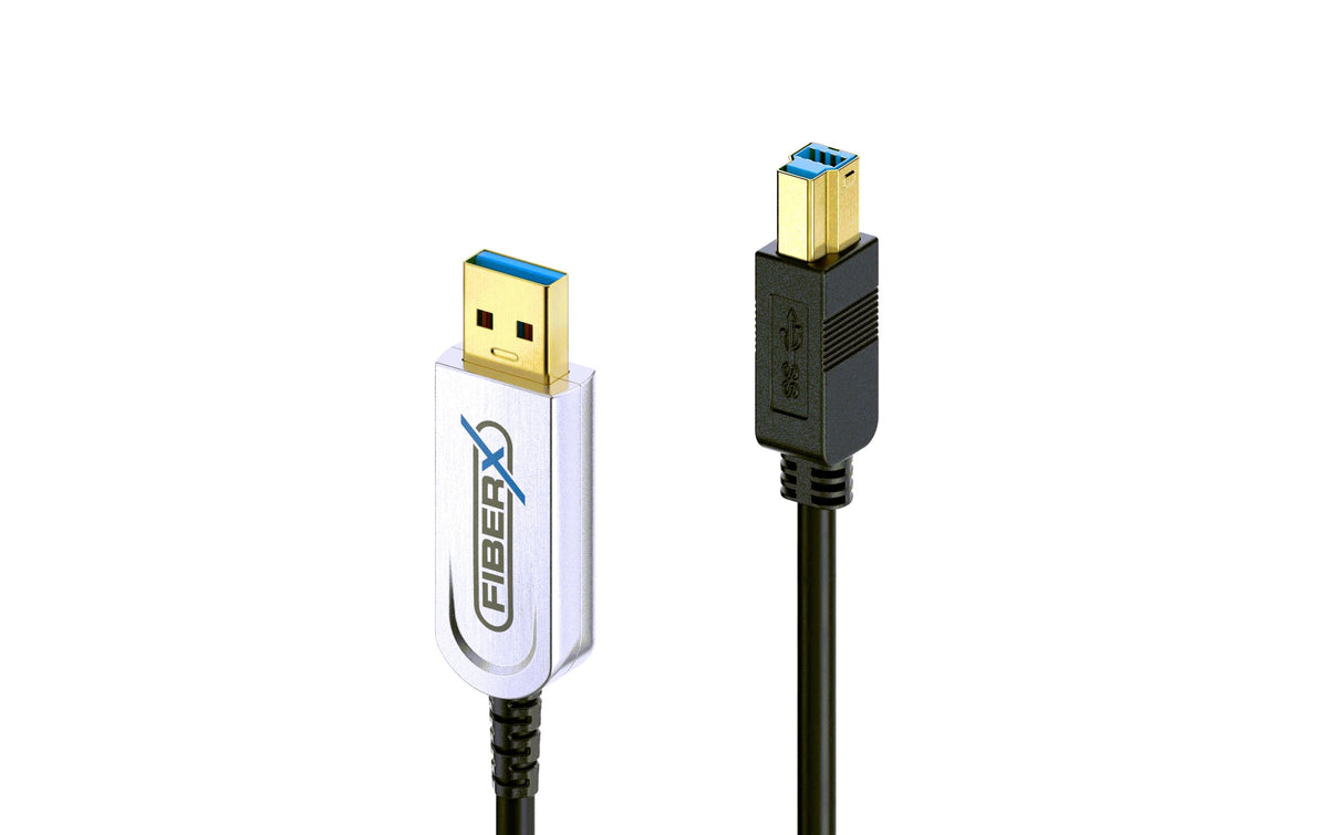 FiberX USB-Kabel – USB-A auf USB-B Kabel – USB 3.2 Gen 2 (10 Gbit/s) – 15 m – PD 4,5 W – Goldstecker – Schwarz