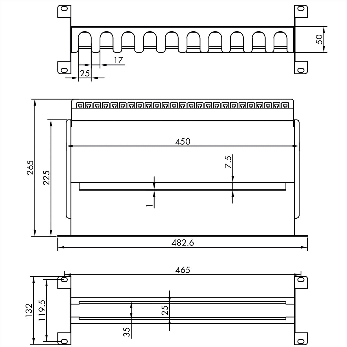 VALUE 19" Tragrahmen für Hutschienengeräte – Rack-Zubehör – 3U, Tragkraft 6 kg, Schwarz