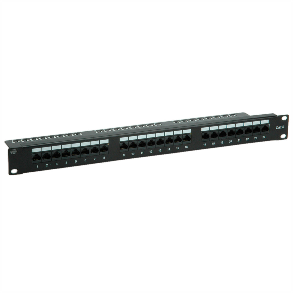 VALUE Patchpanel – Cat.6 / Klasse E, 24× Ports, ungeschirmt (UTP), Schwarz, 19", 1U, für 19"-Schränke