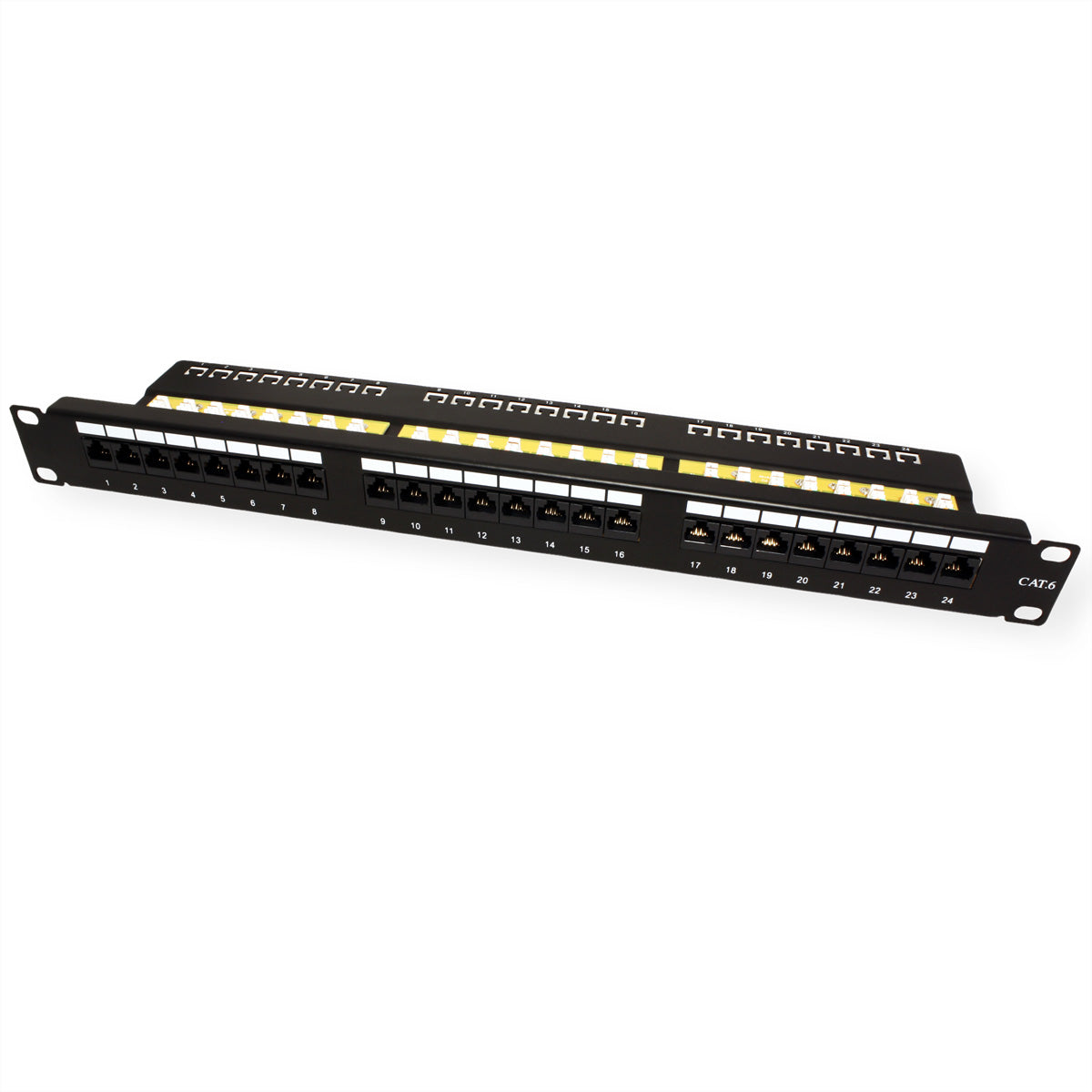 VALUE Patchpanel – Cat.6 / Klasse E, 24× Ports, ungeschirmt (UTP), Schwarz, 19", 1U, für 19"-Schränke