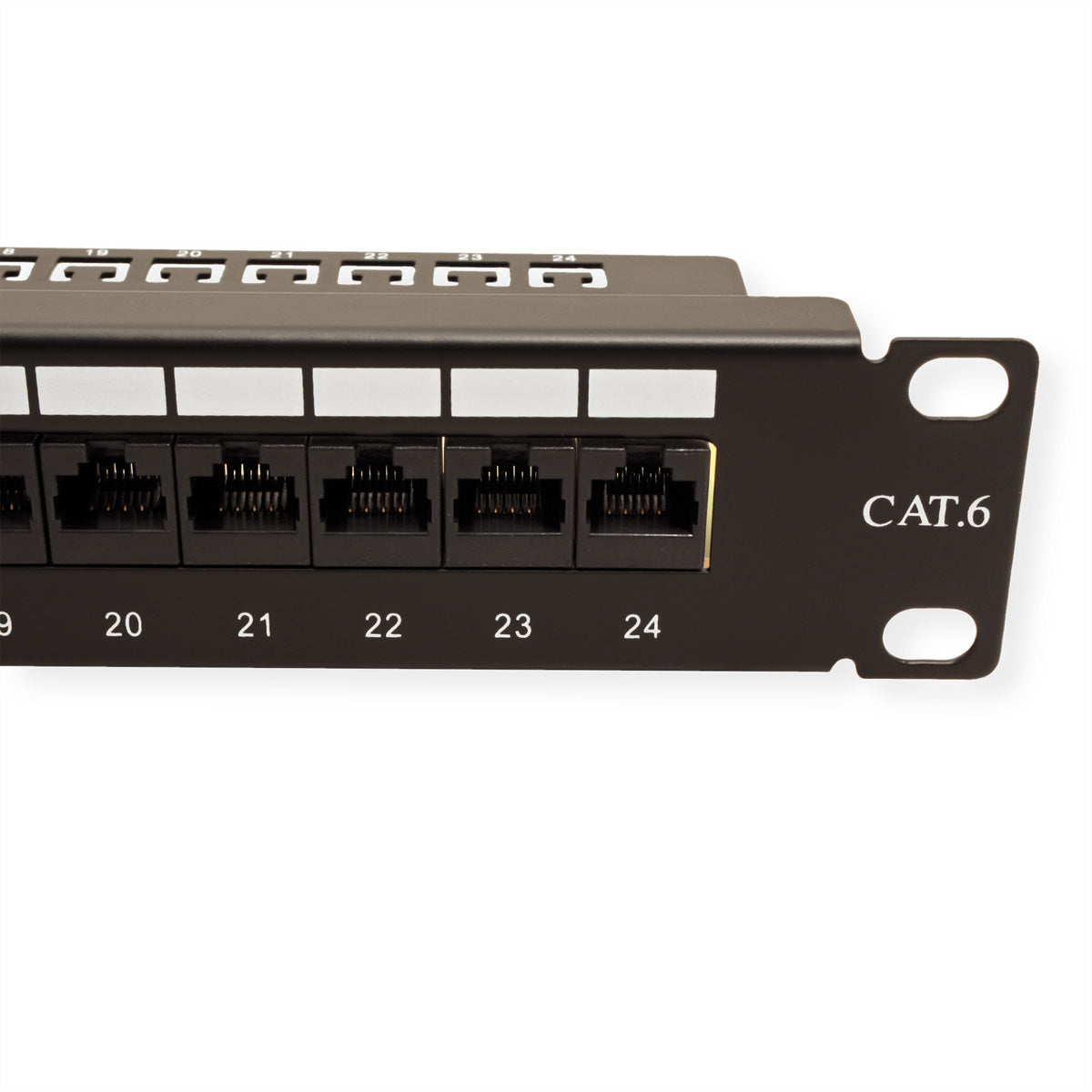 VALUE Patchpanel – Cat.6 / Klasse E, 24× Ports, ungeschirmt (UTP), Schwarz, 19", 1U, für 19"-Schränke