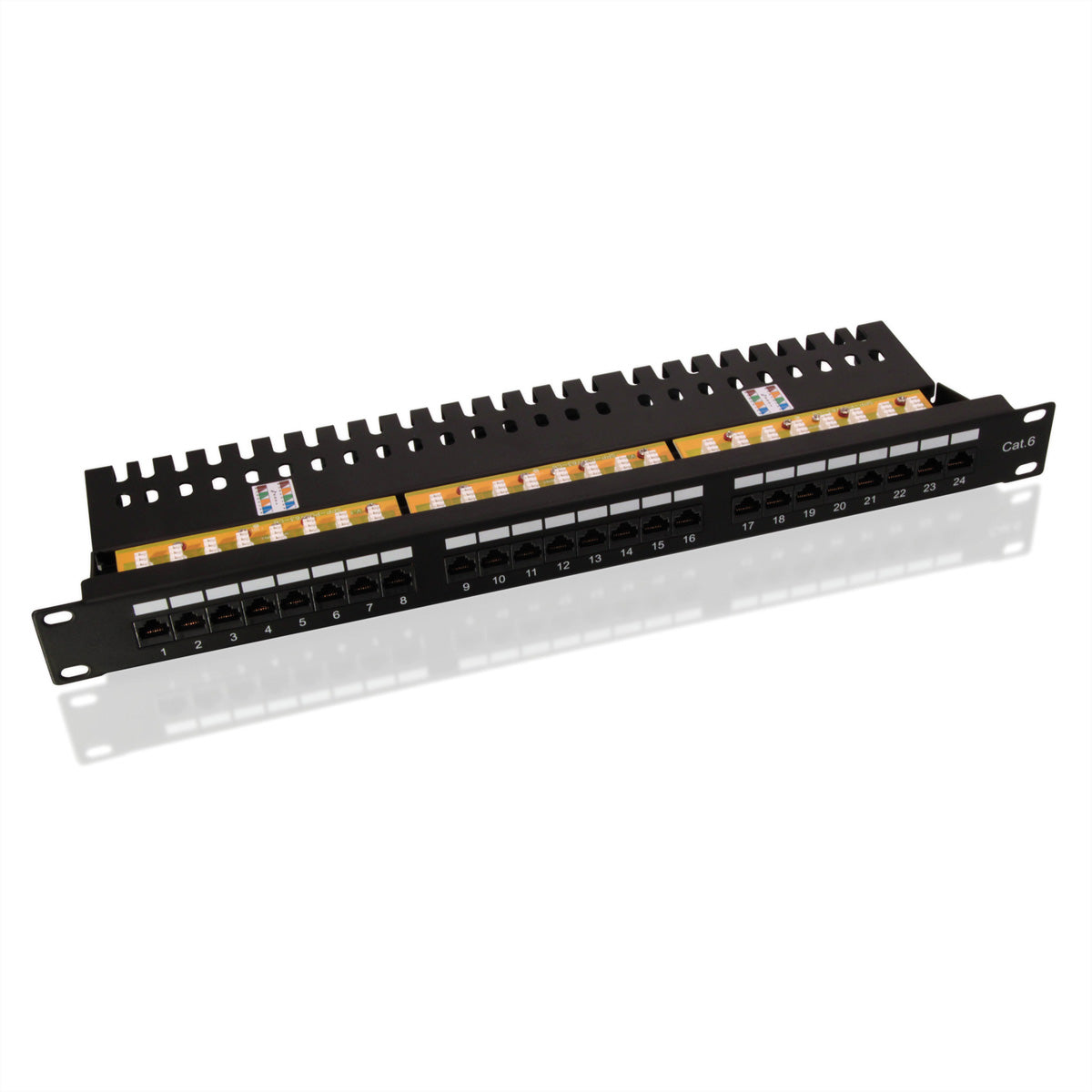 VALUE Patchpanel – Cat.6 / Klasse E, 24× Ports, ungeschirmt (UTP), Schwarz, 19", 1U, für 19"-Schränke