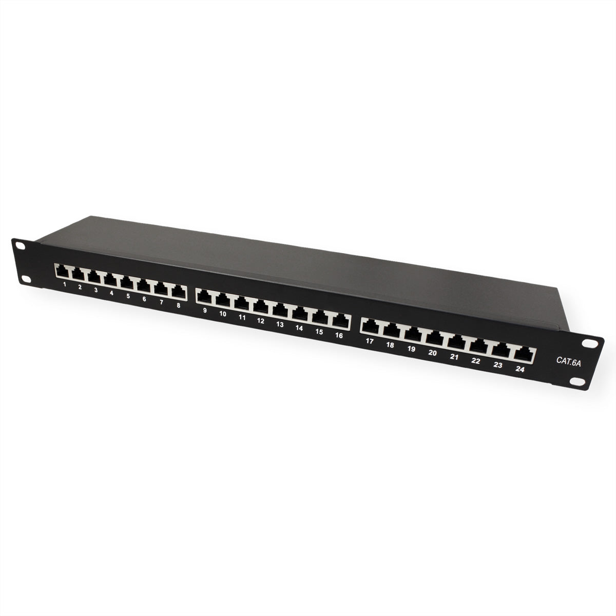 VALUE Cat.6A (Klasse EA) Patchpanel – 24× RJ‑45, 10 Gbit/s, geschirmt, 19", 1U, für Cat6a, schwarz