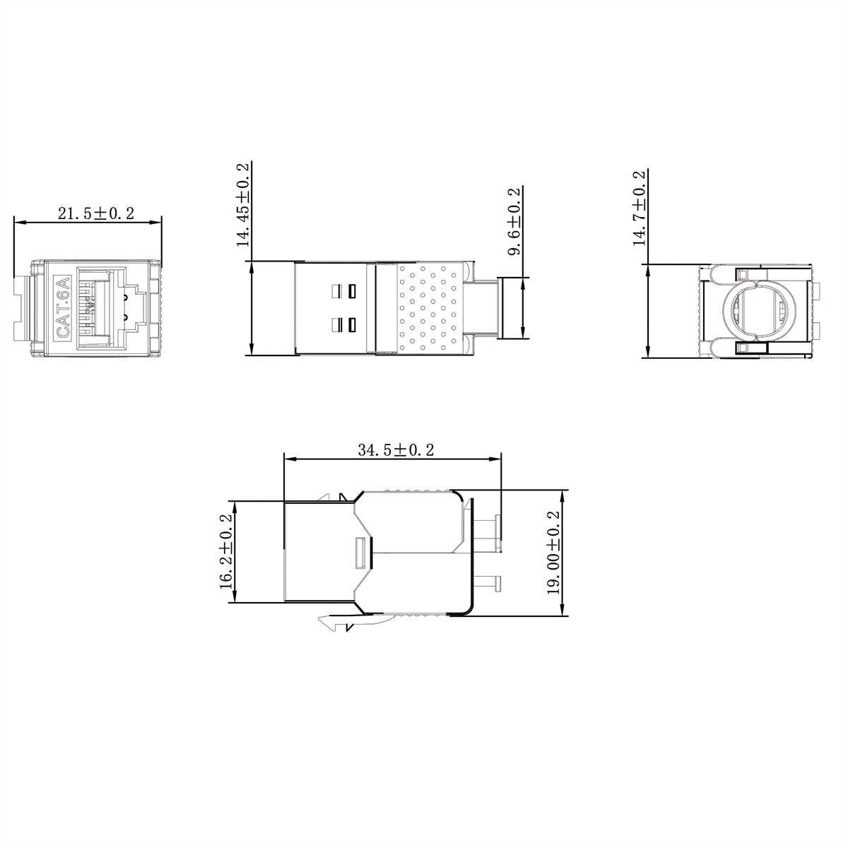 VALUE 26.99.0376 Keystone Cat6A STP – RJ‑45 Buchse, Flach, Edelstahl, 20×37×22,5 mm