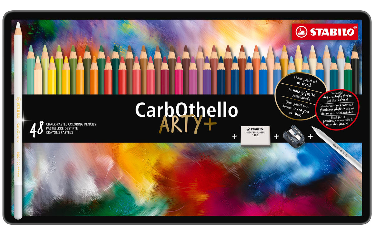 STABILO CarbOthello ARTY+ Pastellkreidestifte – 48 Stk., Ø 4,4 mm, Metalletui, mit Spitzer & Radierer