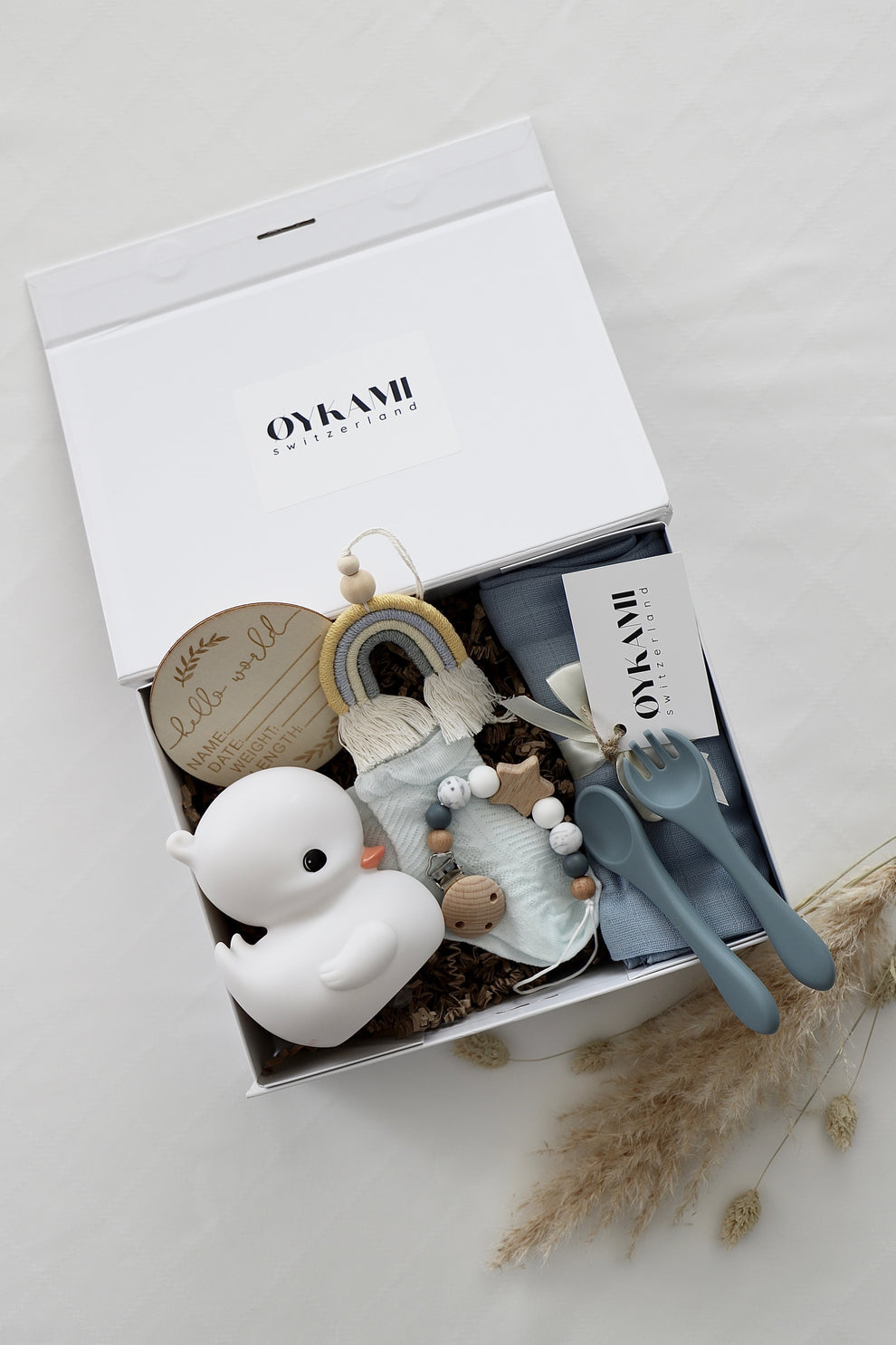 OYKAMI Geschenkbox – Organische Baumwolle, Holz – Blau, Weiss