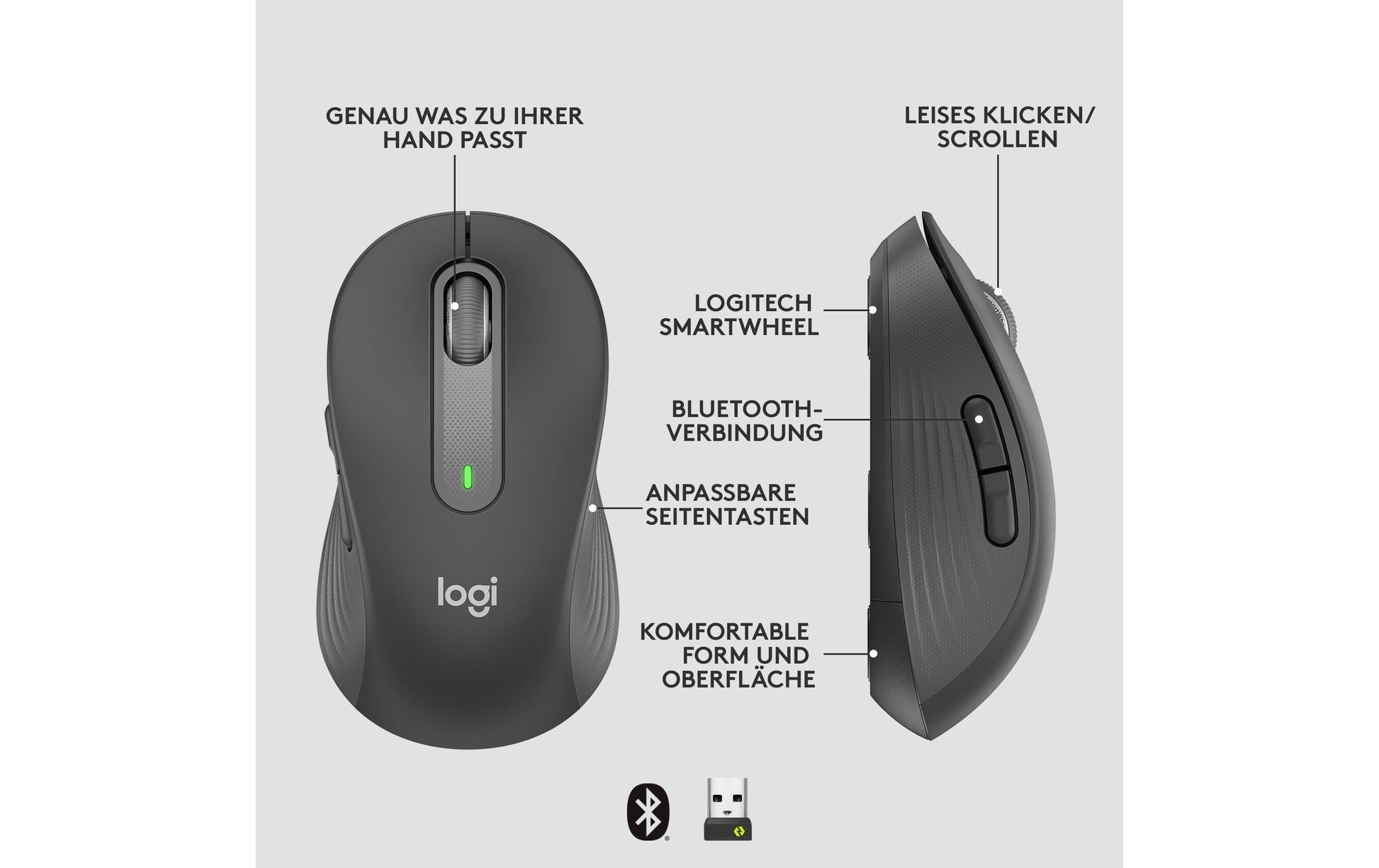 Logitech Signature M650 für Business – Maus – Kabellos (Bluetooth/2,4 GHz), Logi Bolt, rechts
