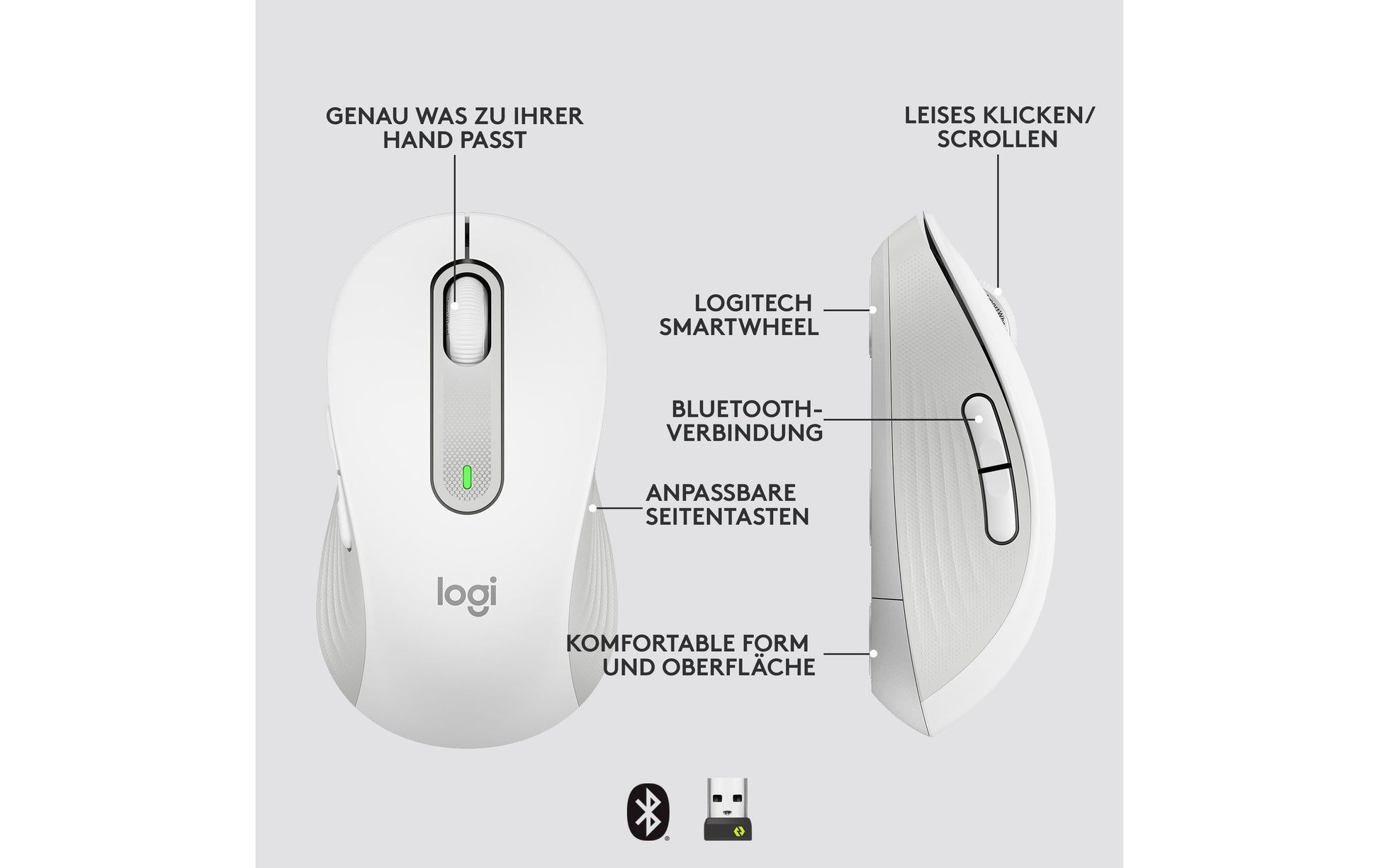 Logitech Signature M650 L Maus – kabellos, für Rechtshänder, Off-White