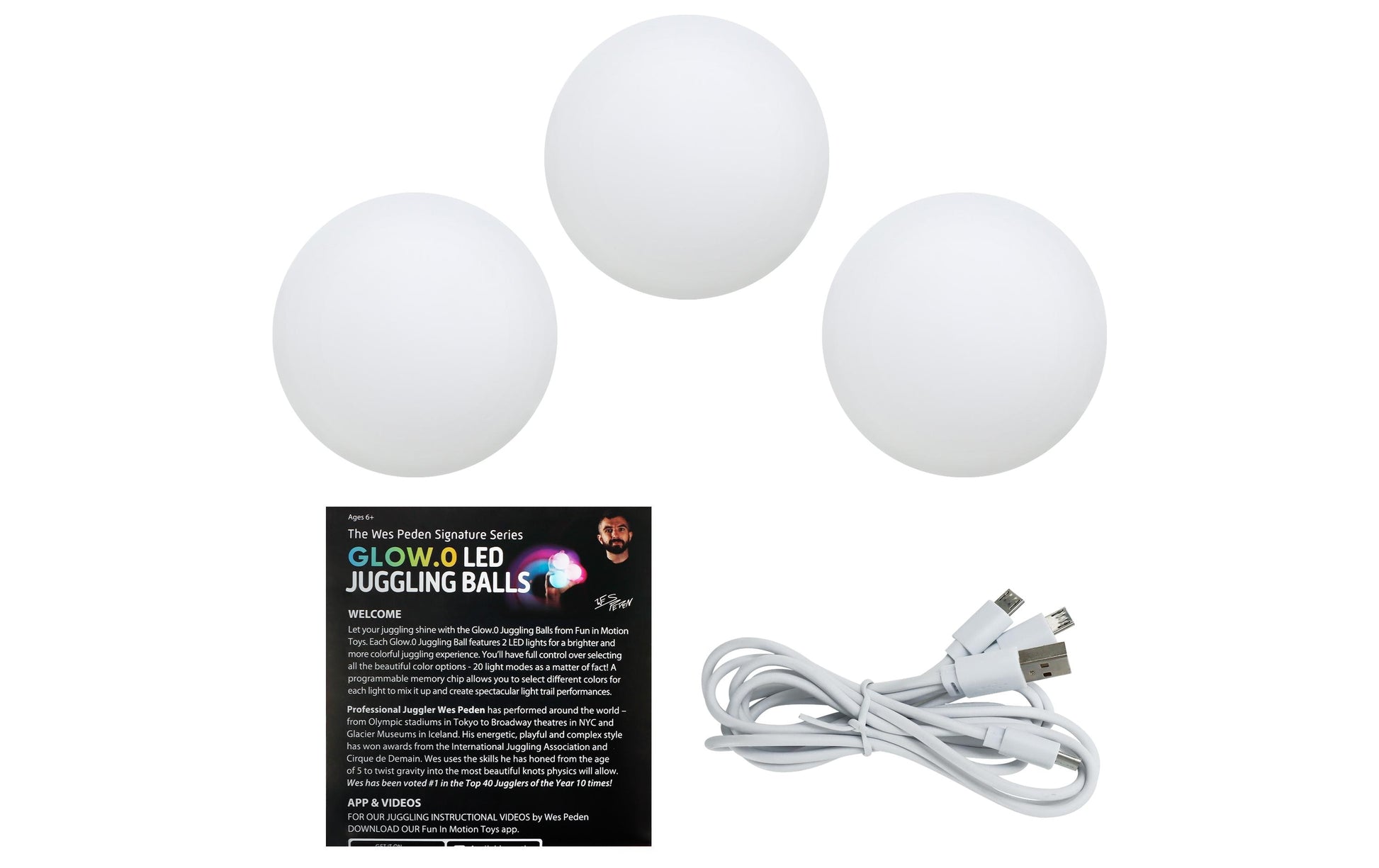 Wes peden glow.0 Jonglierbälle – mit LED – 3 Stück – ab 6 Jahren – Weiss