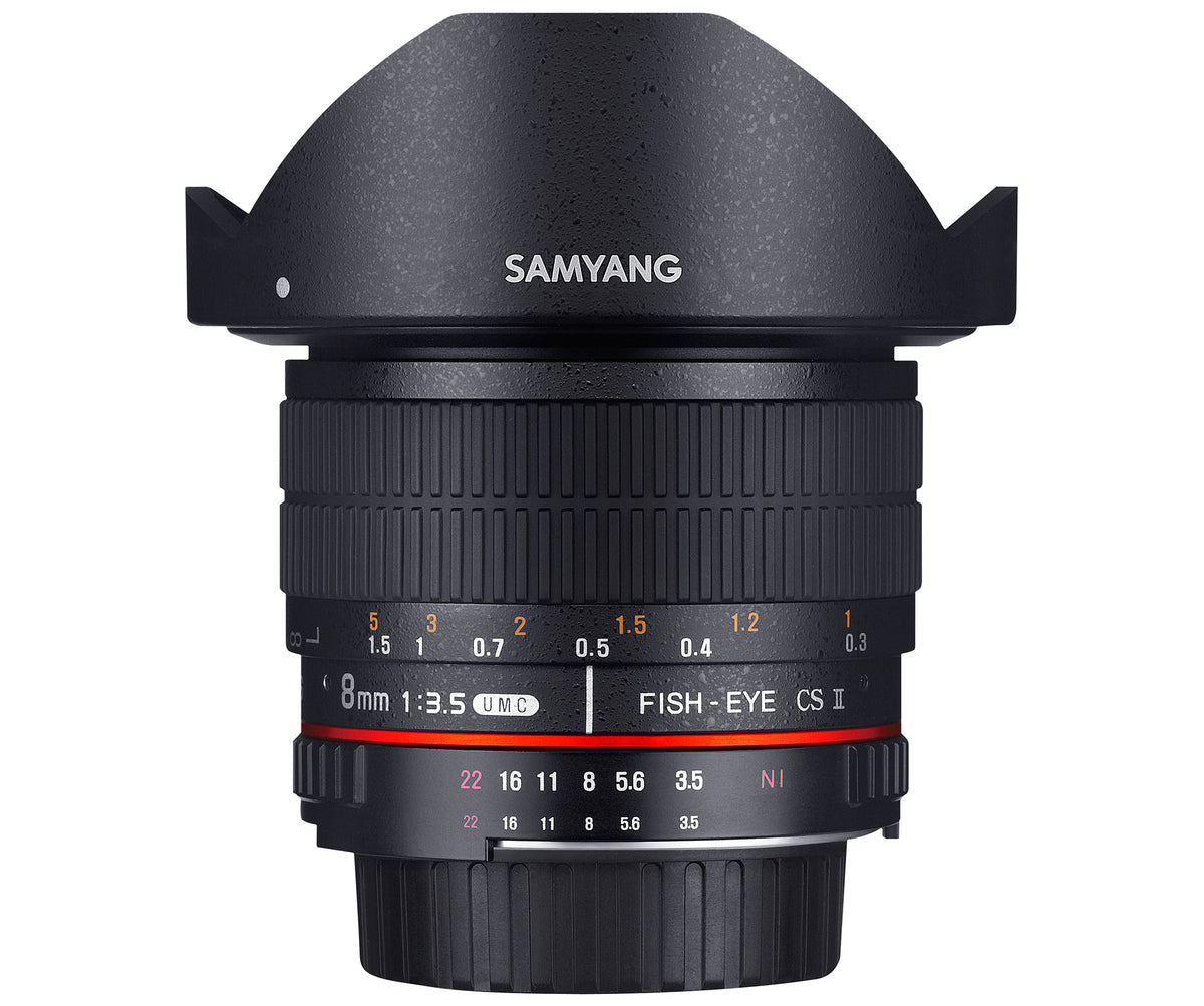 Samyang 8 mm f/3,5 CS II Fish-Eye-Objektiv – APS-C, 180° – für Sony E-Mount – 77,8 × 101,1 mm, 450 g