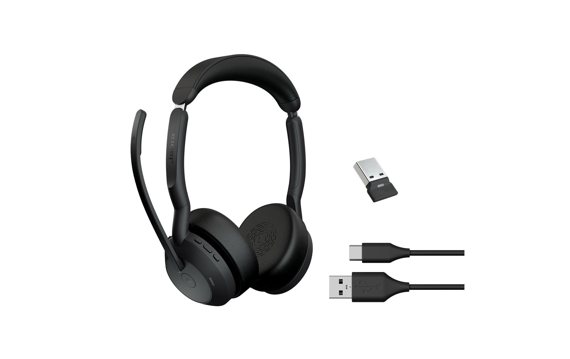 Jabra Evolve2 55 Office-Headset – On-Ear, Stereo, BT, ANC, MS Teams zertifiziert, mit USB-A-Dongle, Schwarz