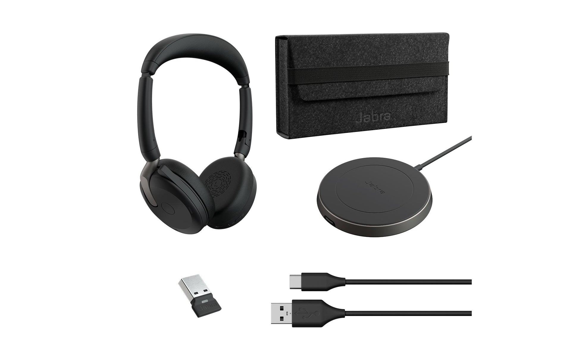 Jabra Evolve2 65 Flex Office-Headset – On-Ear, Stereo, Kabel + BT, ANC, mit USB-A-Dongle, Schwarz, BT 5.2
