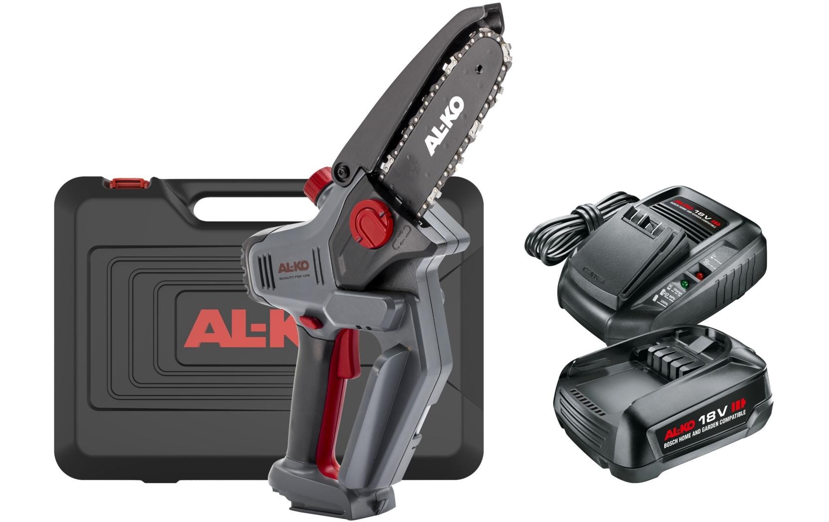 AL-KO CSM 1815 Akku-Minikettensäge – 18 V – Schwertlänge 150 mm – 2,5 Ah & Ladegerät – POWER FOR ALL