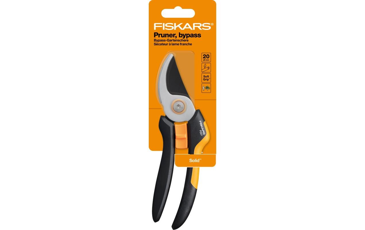 Fiskars Solid M P321 – Gartenschere Schnittbreite 20 mm, Kunststoffgriff, Bypass, Schwarz, Orange