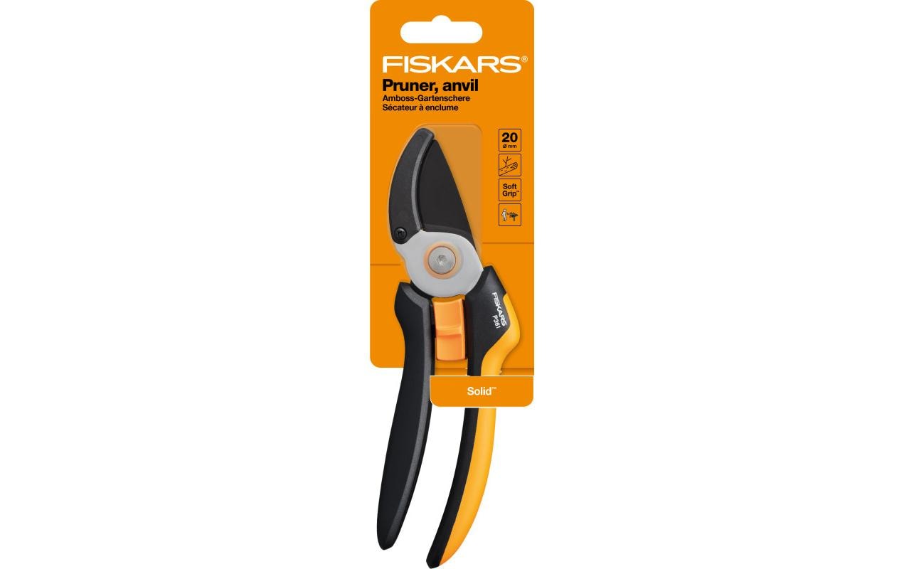 Fiskars Solid L P361 – Amboss-Gartenschere 20 mm, Kunststoffgriff, Sicherheitssperre, Schwarz/Orange