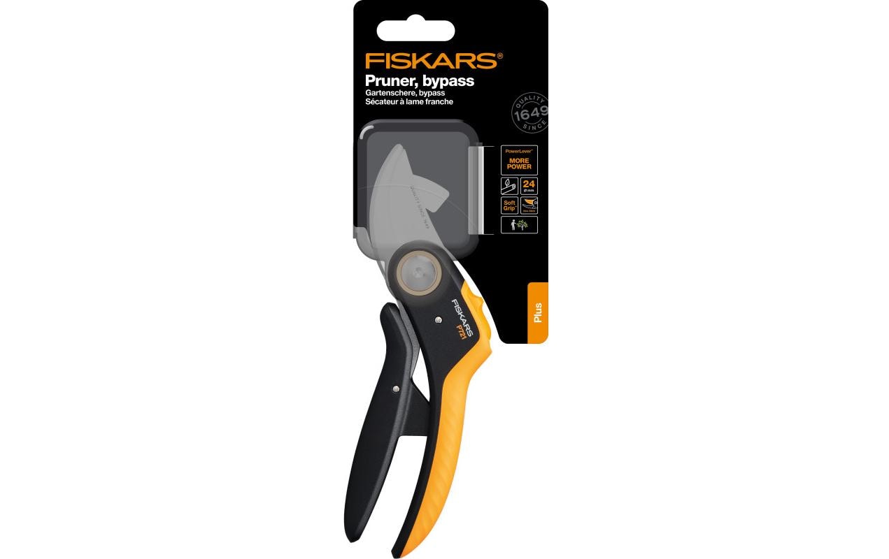 Fiskars Plus PowerLever P721 – Gartenschere 24 mm Schnittbreite, Sicherheitssperre, Schwarz/Orange