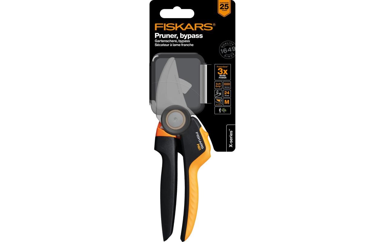 Fiskars M P921 – Bypass Gartenschere 24 mm, Edelstahl, weicher Griff, schwarz, orange