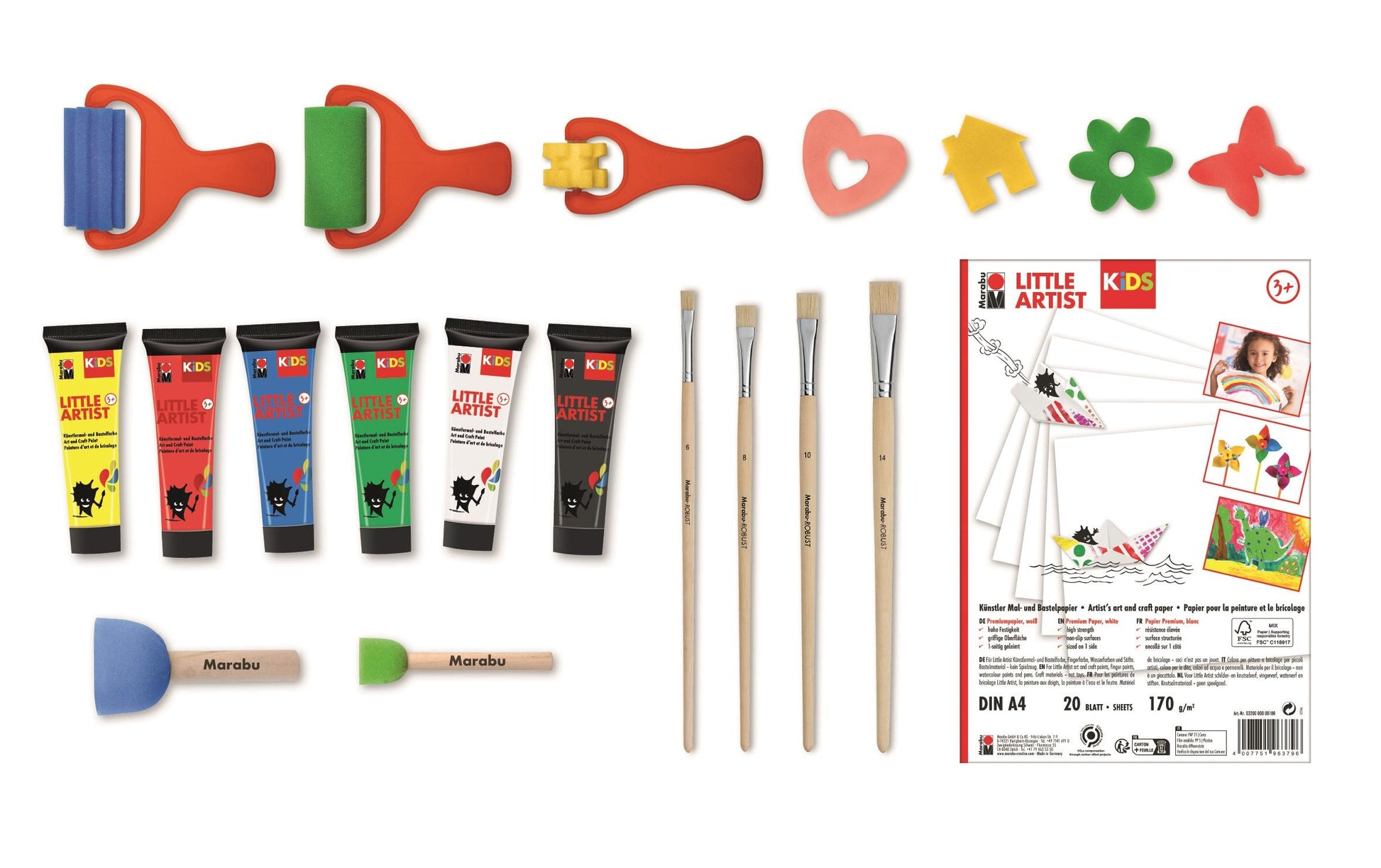 Marabu Little Artist Starter Box – Bastelset – 6 × 36 ml – Malblock A4 20 Blatt – ab 3 Jahren