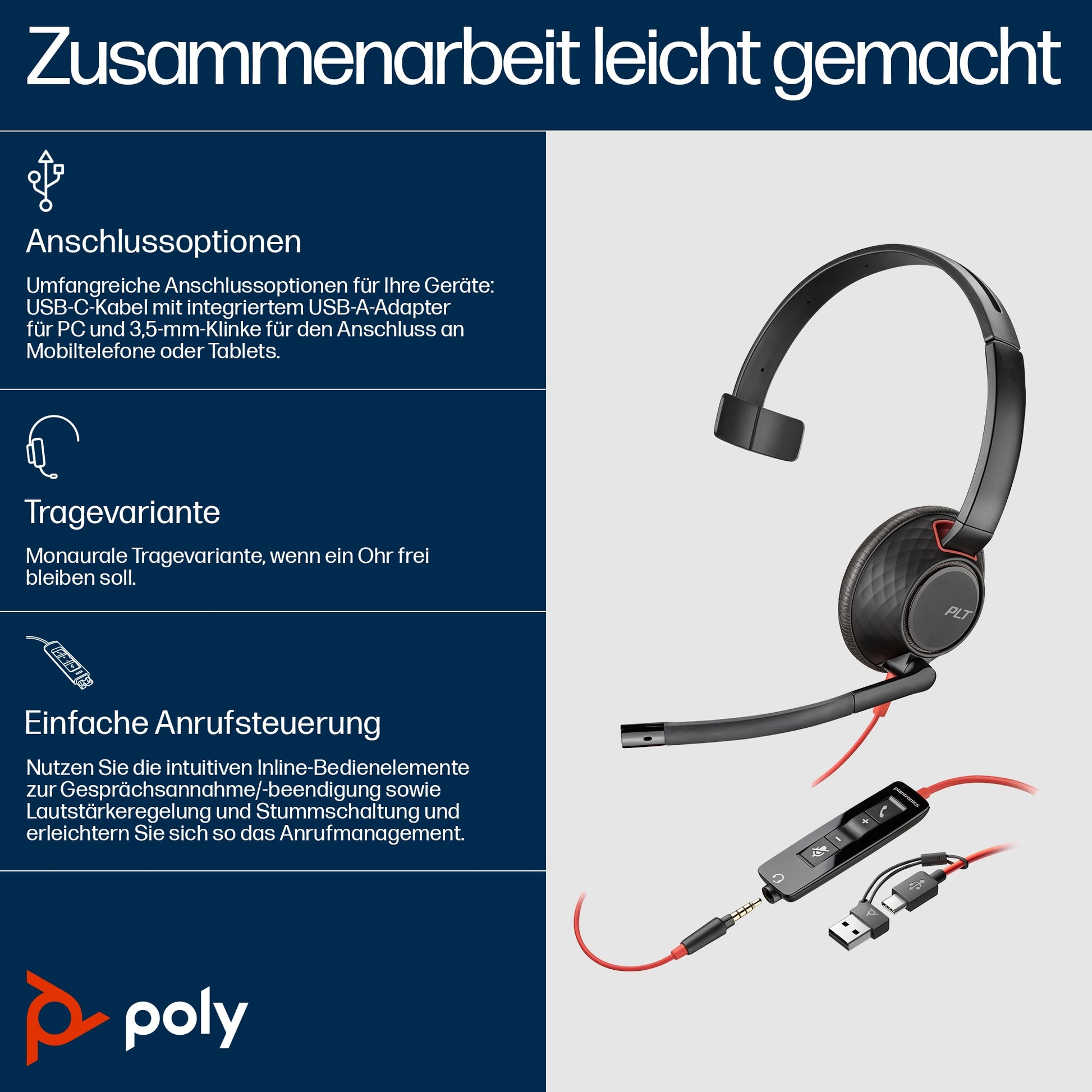 Poly Blackwire 5210 Office-Headset – On-Ear, Mono, Kabelgebunden, 3,5 mm Klinke + USB-C, UC-optimiert, Schwarz