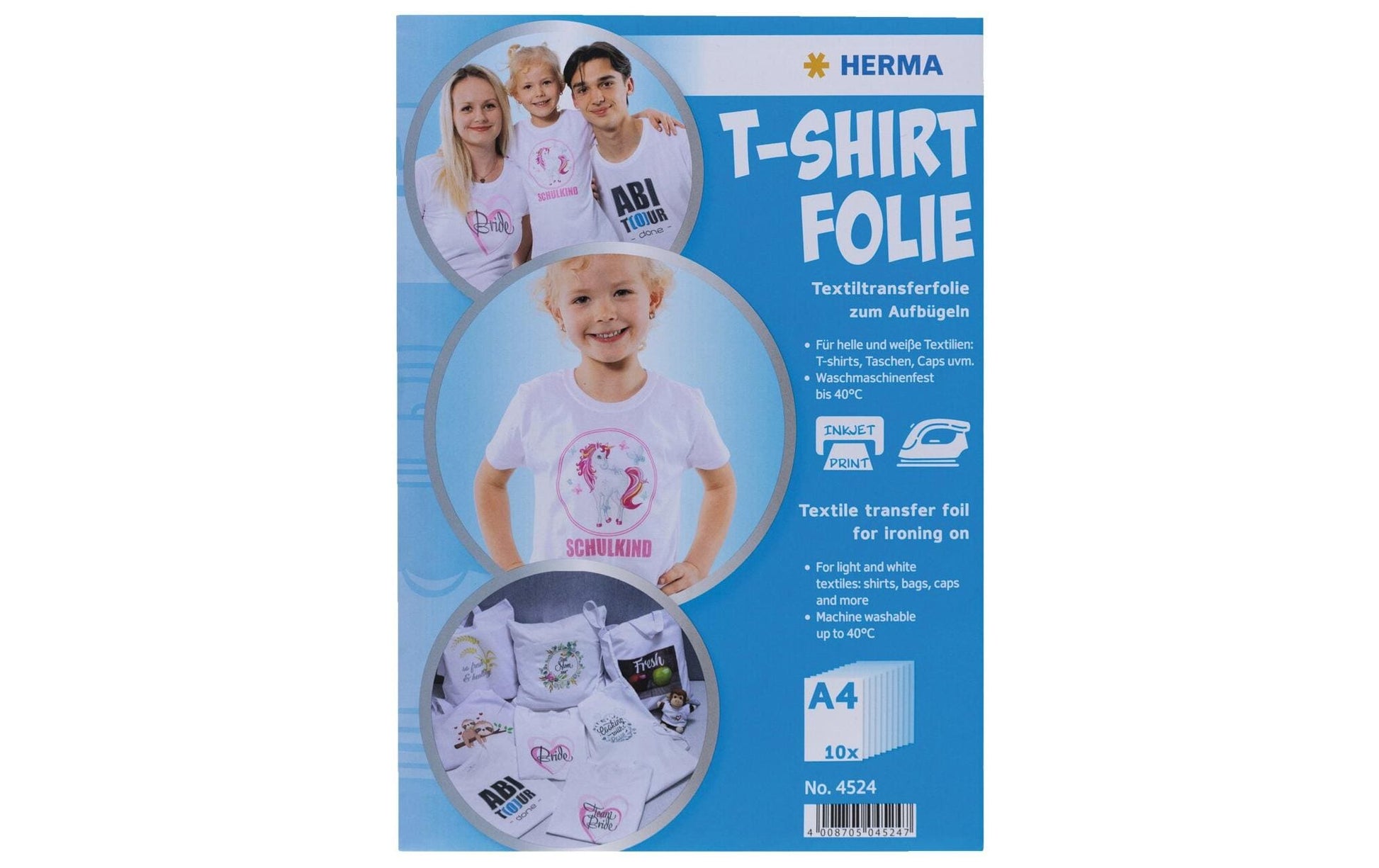 HERMA Aufbügelfolie Weiss – matt, A4, Inkjet, für helle Textilien, 20 Blatt
