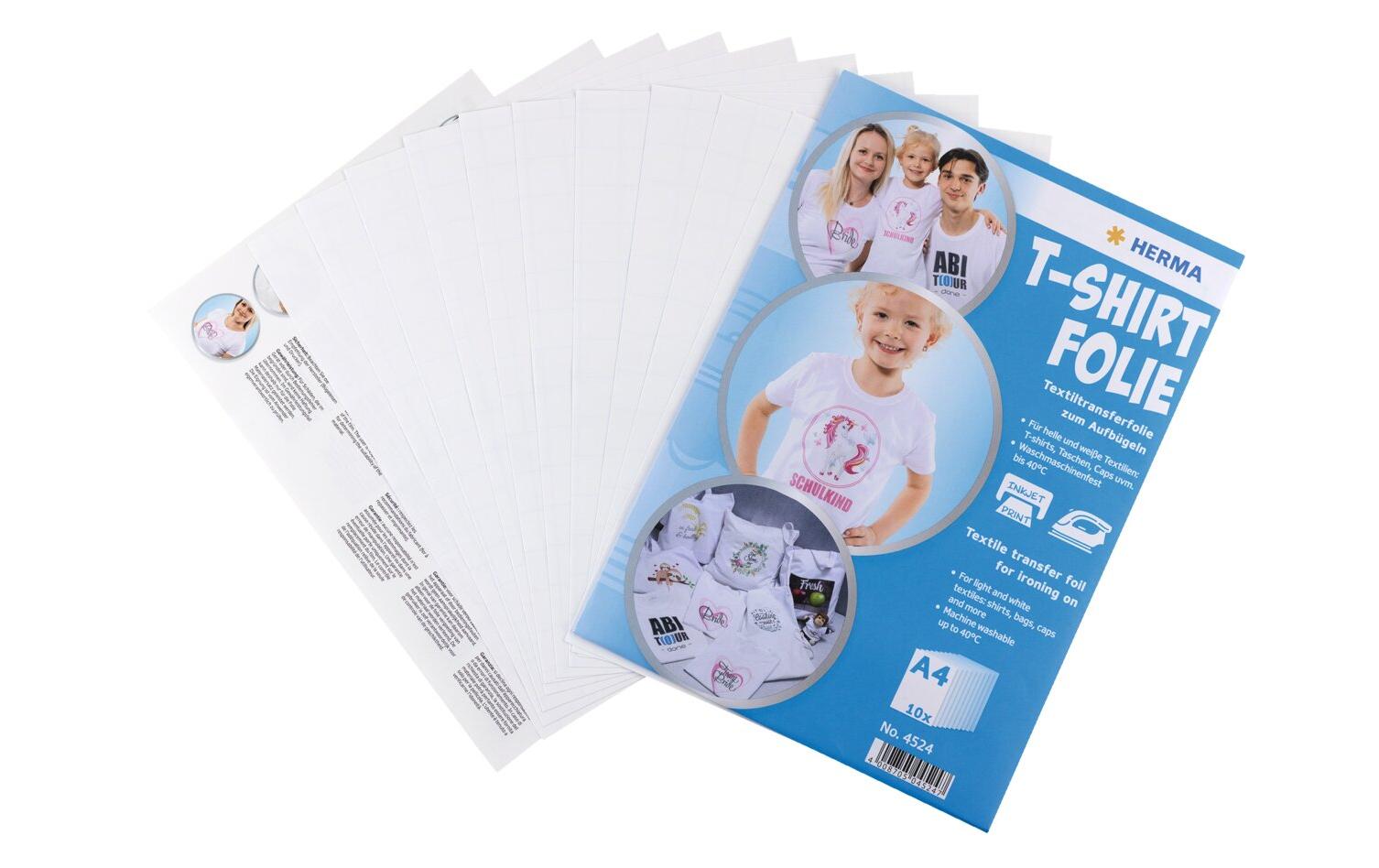 HERMA Aufbügelfolie Weiss – matt, A4, Inkjet, für helle Textilien, 20 Blatt