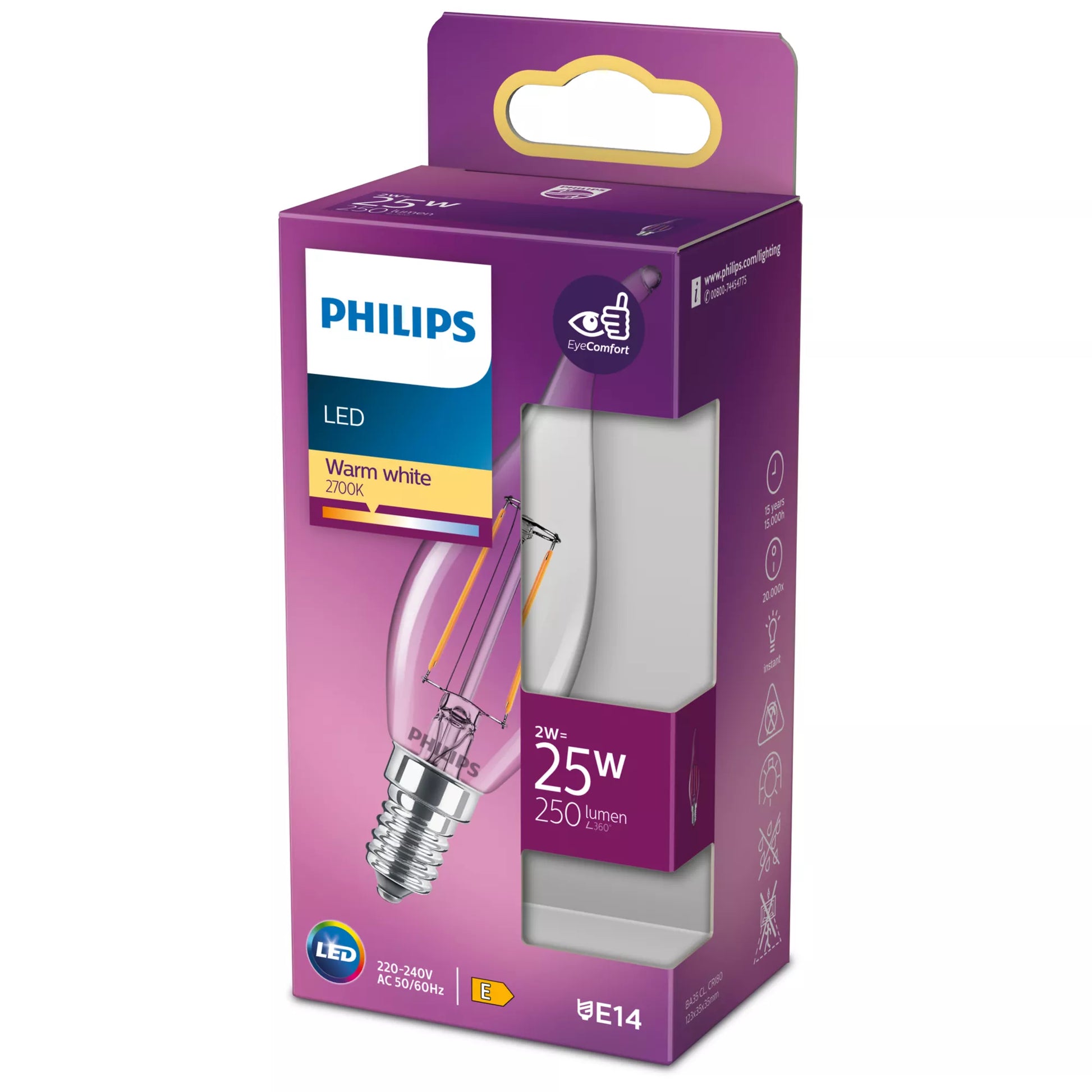 Philips by Signify Philips LED-Leuchtmittel E14 Kerze (BA35) – Warmweiss 2700 K, 250 lm, 2 W – Transparent, 1 Stk.