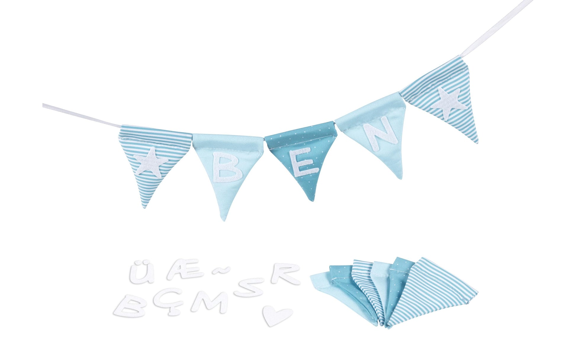 Goki Buchstabenwimpelkette – 1,5 m – Wimpel 7,5 × 10 cm – Stoff, blau