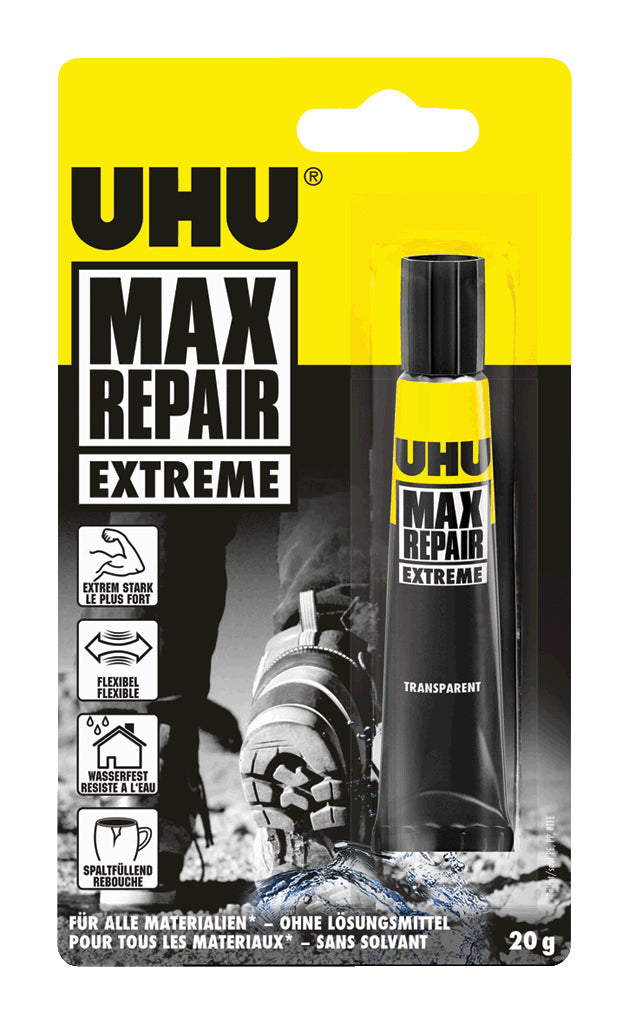 UHU Max Repair Power Kraftkleber – permanent, transparent, lösemittelfrei, wasserfest, 20 g, für Reparaturen