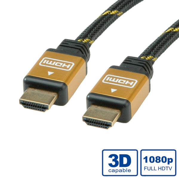 ROLINE HDMI Kabel HDMI High Speed 4K 30 Hz – 7,5 m – ARC, Ethernet – Schwarz/Gold – für Geräte mit HDMI-Port