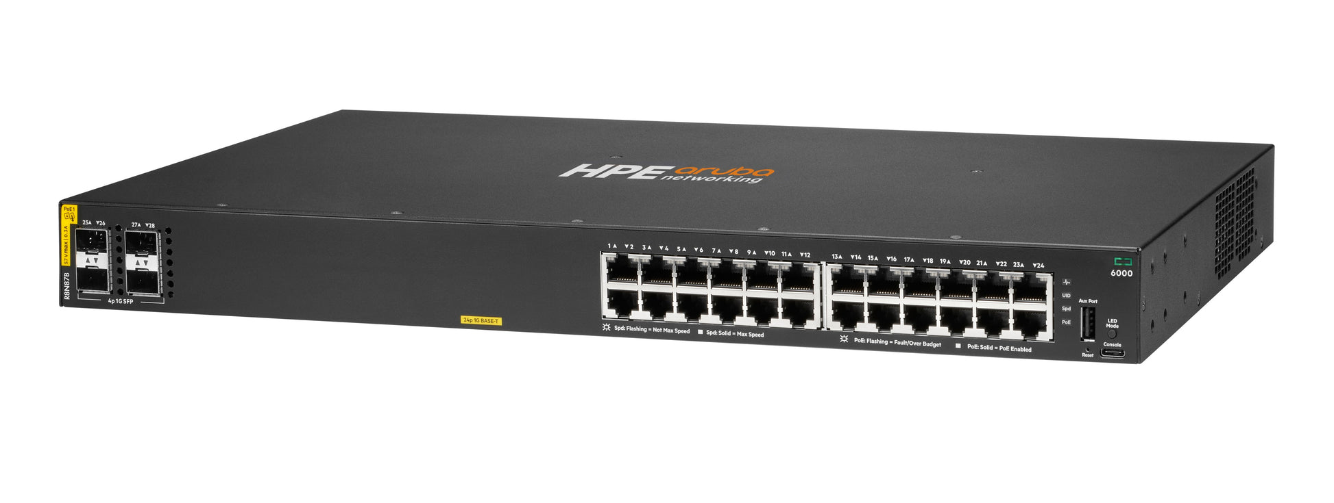 HPE Aruba CX 6000 24G 4SFP – Managed L3 Switch – 24× 1G, 4× SFP, PoE+, PoE-Budget 370 W, 1U