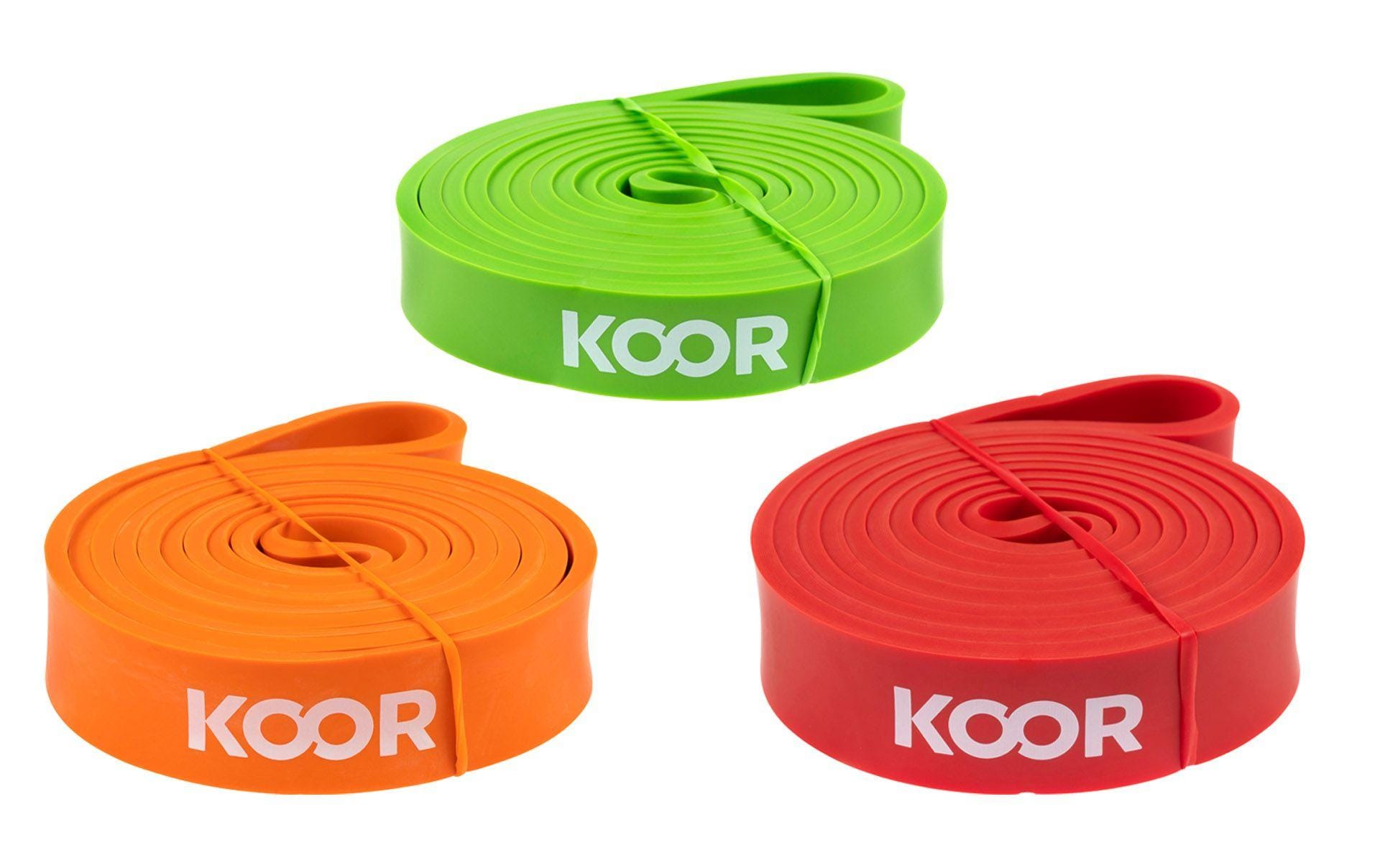 Koor Fitnessband Kit – 3 Stk. – Latex, 208 cm, 2,2/2,9/3,2 cm, grün/orange/rot