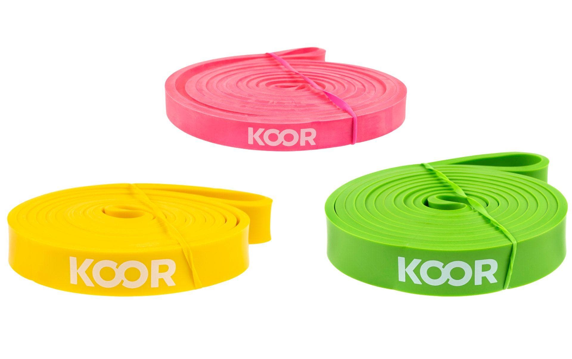 Koor Fitnessband-Set – Extra leicht, Leicht, Mittel – 208 cm – Gelb, Grün, Pink – Latex – 3 Stk.