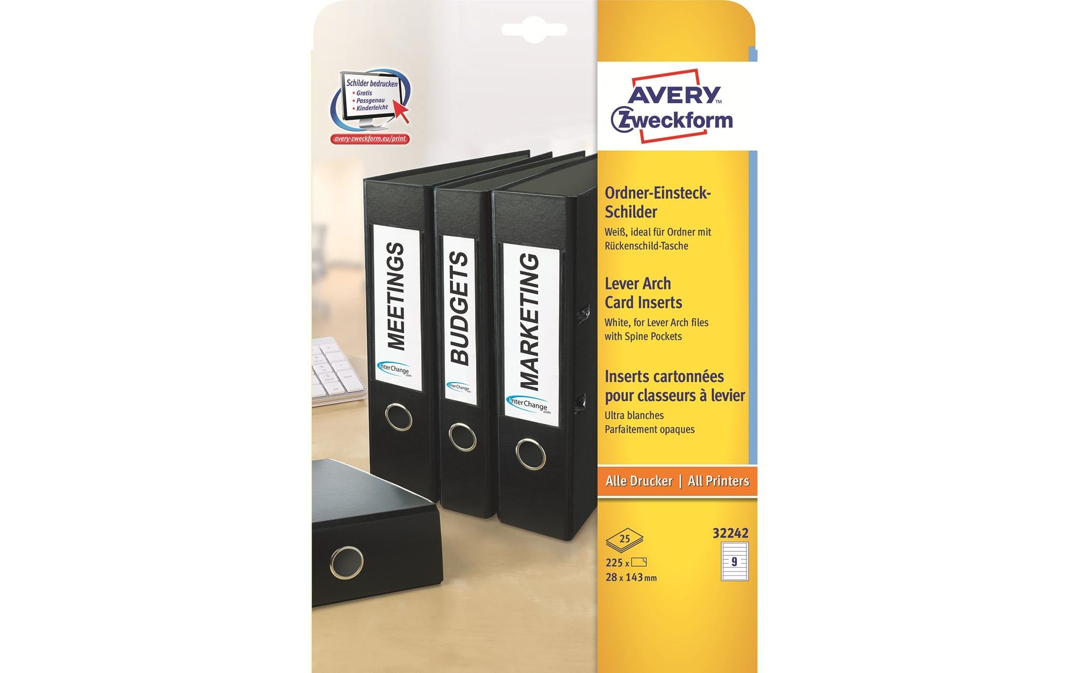 Avery Zweckform Einsteckrückenschilder – 28 × 143 mm, weiss, 225 Stk.