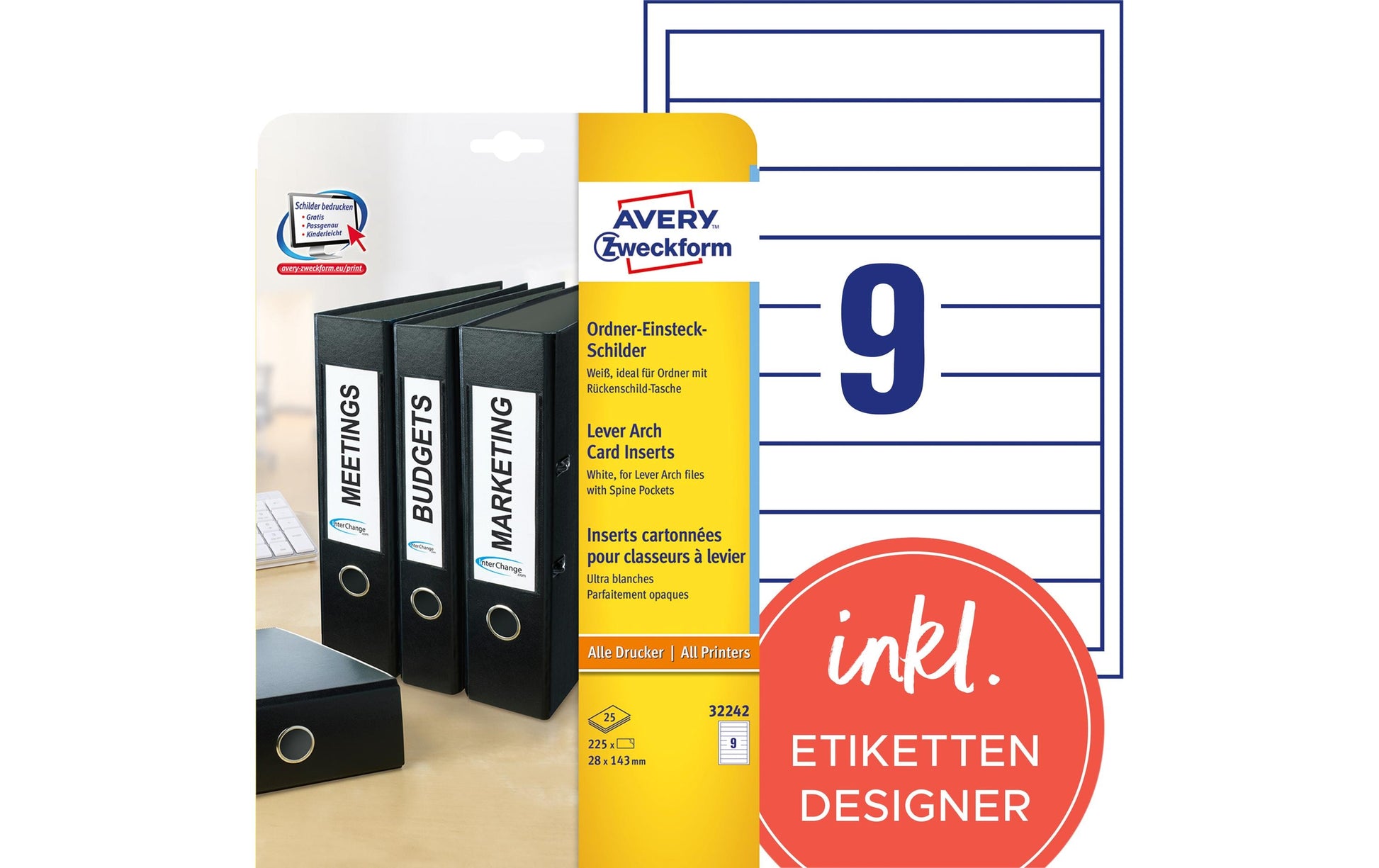 Avery Zweckform Einsteckrückenschilder – 28 × 143 mm, weiss, 225 Stk.