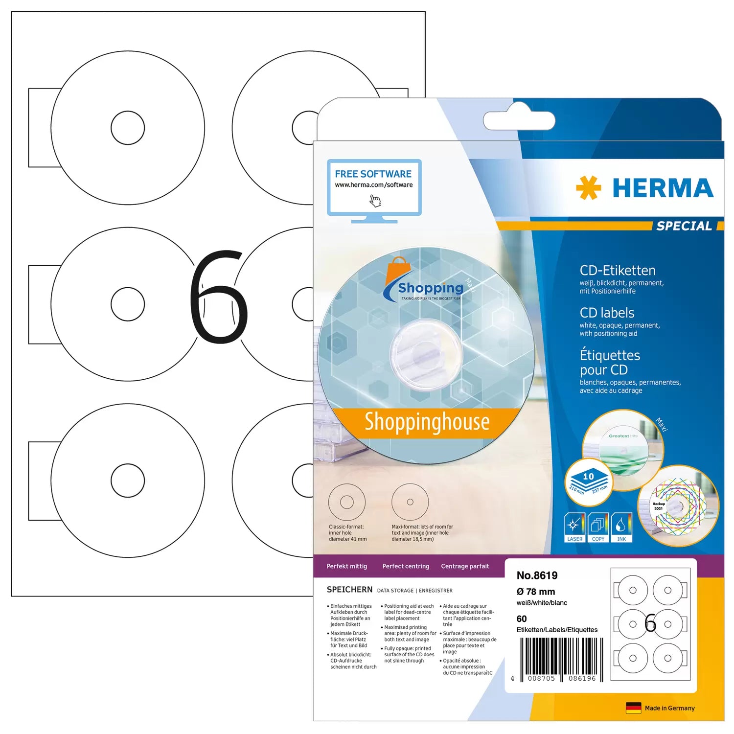 HERMA CD-/DVD-Etiketten, Ø 78 mm, weiss, Papier, permanent, 60 Etiketten (10 Blatt)