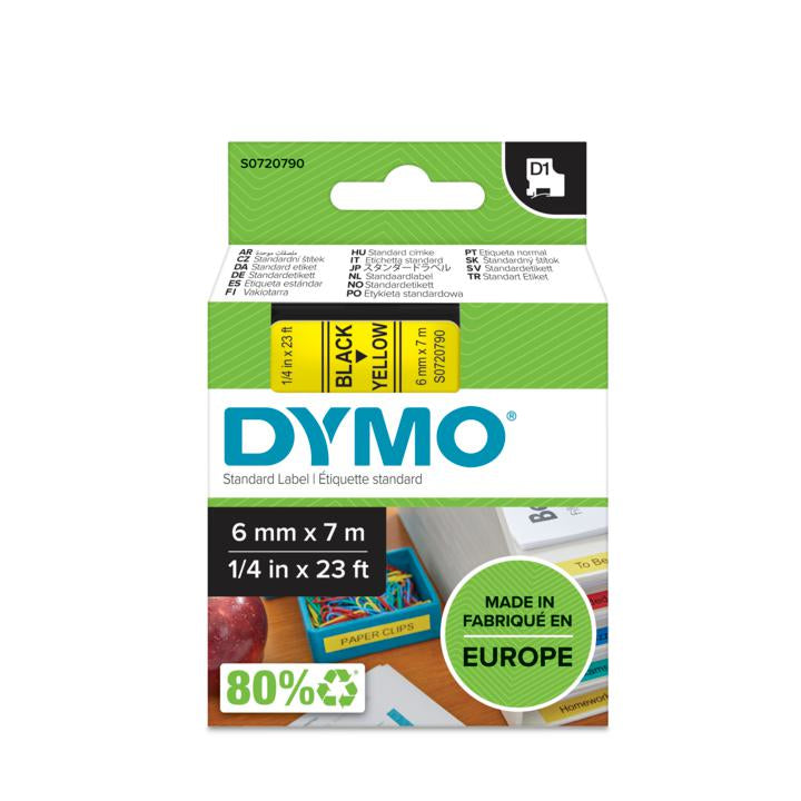 DYMO Schriftband – 6 mm × 7 m, gelb, schwarz – D1-TAPE
