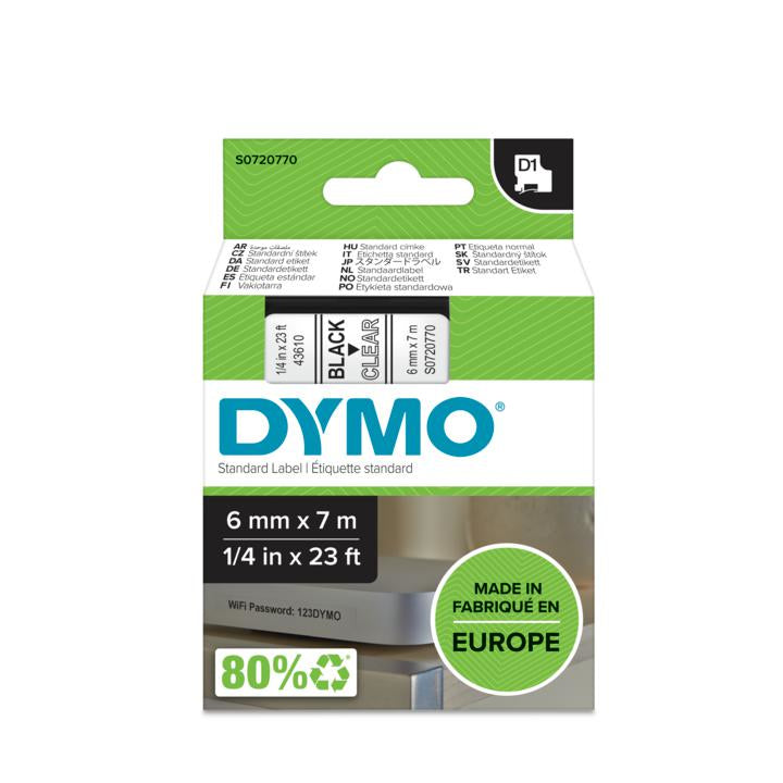 DYMO Schriftband – 6 mm × 7 m, transparent, schwarz – D1-TAPE