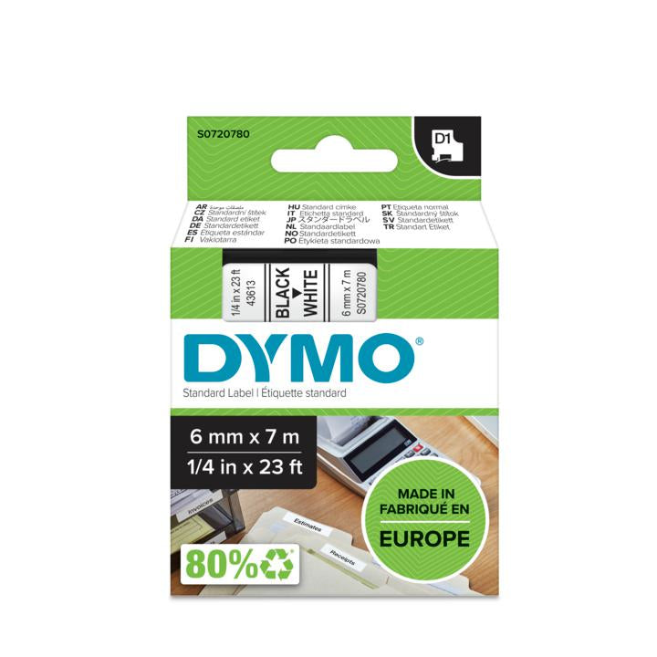 DYMO Schriftband – 6 mm × 7 m, weiss, schwarz – für LabelManager, LabelWriter 450 DUO – D1-TAPE