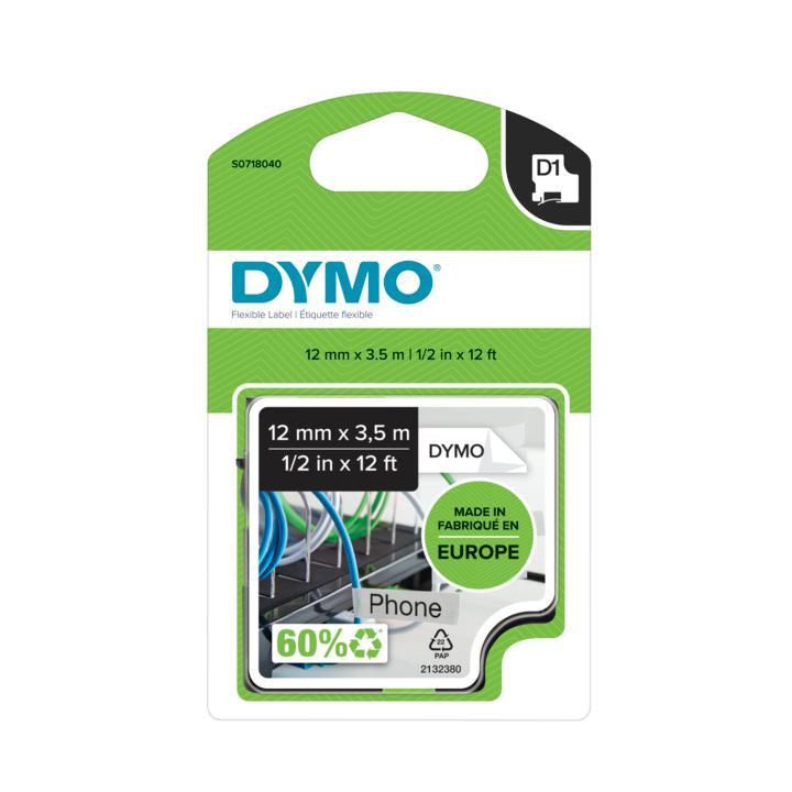 DYMO Schriftband – 12 mm × 3,5 m, weiss, schwarz – D1
