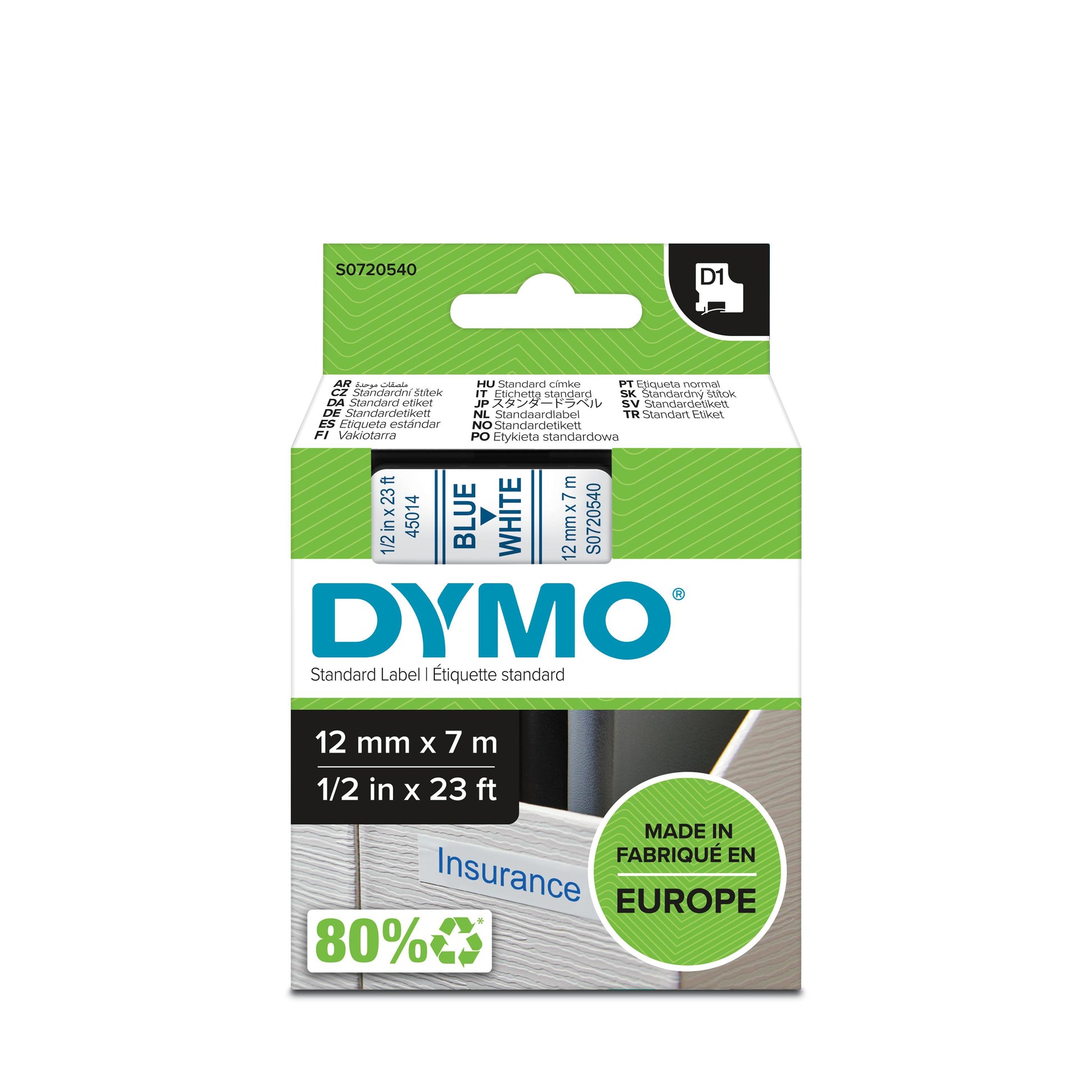 DYMO Schriftband – 12 mm × 7 m, weiss, blau – für LabelPoint 200, 250, 300 und andere