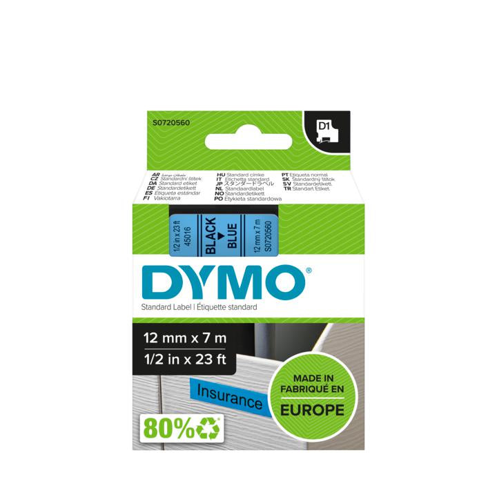 DYMO Schriftband – 12 mm × 7 m, blau, schwarz – D1-TAPE