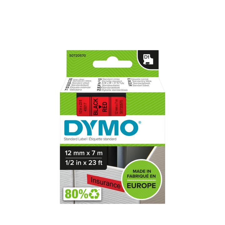 DYMO Schriftband – 12 mm × 7 m, rot, schwarz – für LabelPoint 200, 250, 300, u. a.