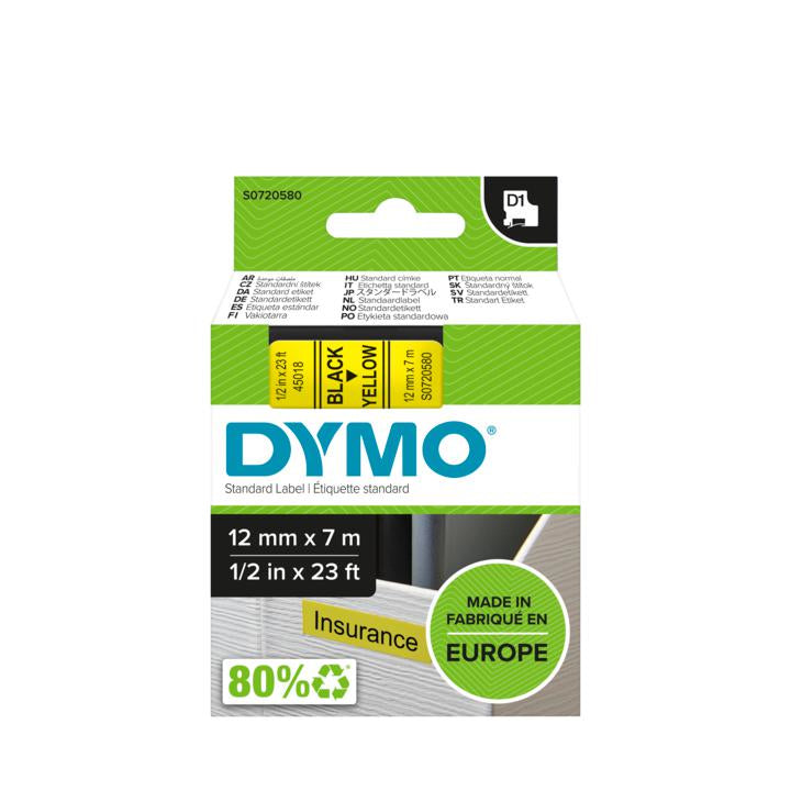 DYMO Schriftband – 12 mm × 7 m, gelb, schwarz – D1-TAPE