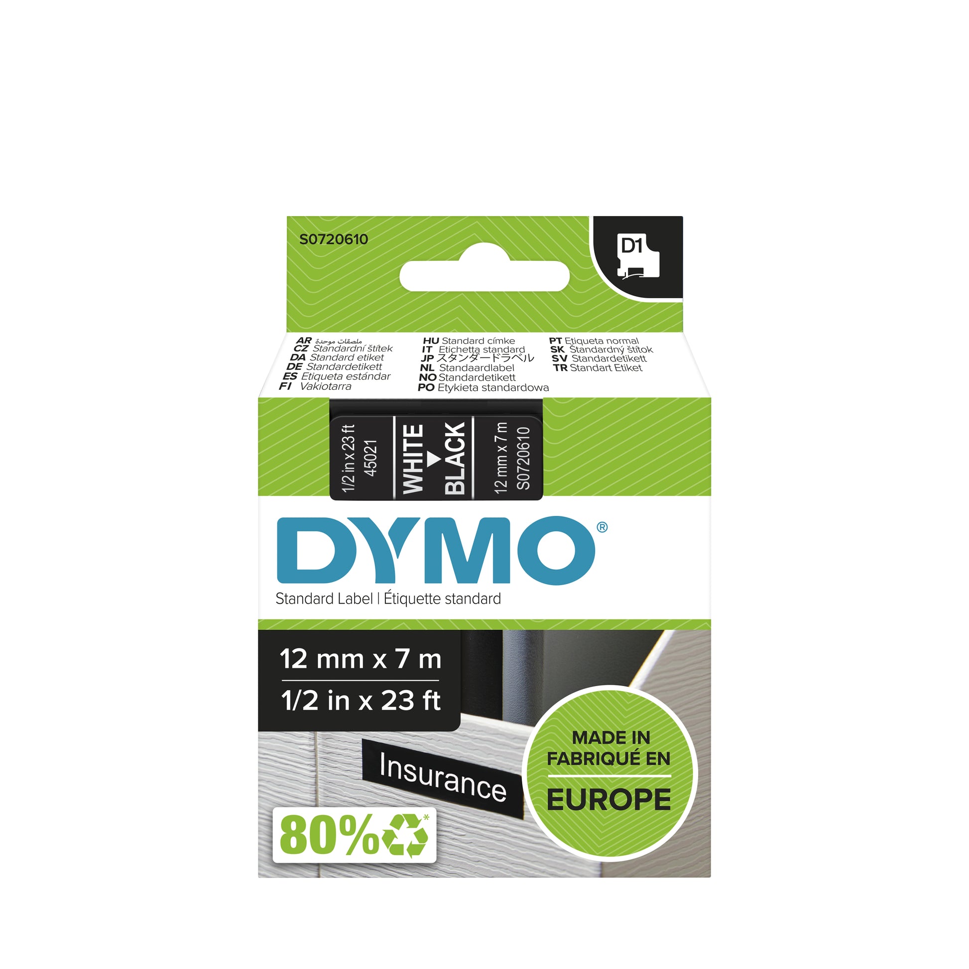 DYMO Schriftband – 12 mm × 7 m, schwarz, weiss – für LabelPoint 200, 250, 300, usw.