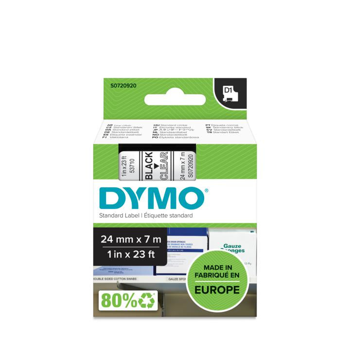 DYMO D1 Schriftband – Schwarz auf Transparent – 24 mm × 7 m – für DYMO LabelManager, LabelWriter