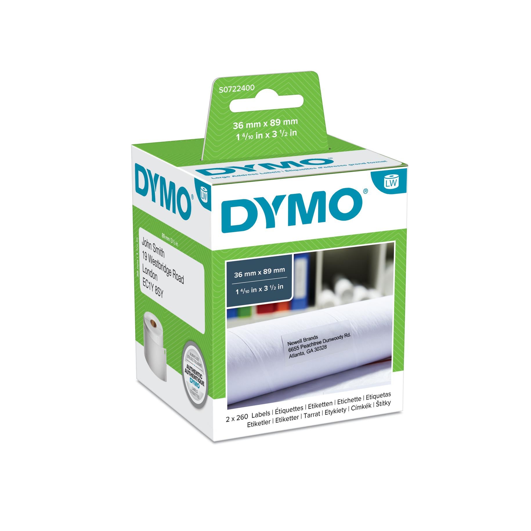 DYMO Adress-Etiketten, 89 mm × 36 mm, für LabelWriter 310, 320, Turbo 330 und andere, 520 Etiketten (2 × 260)