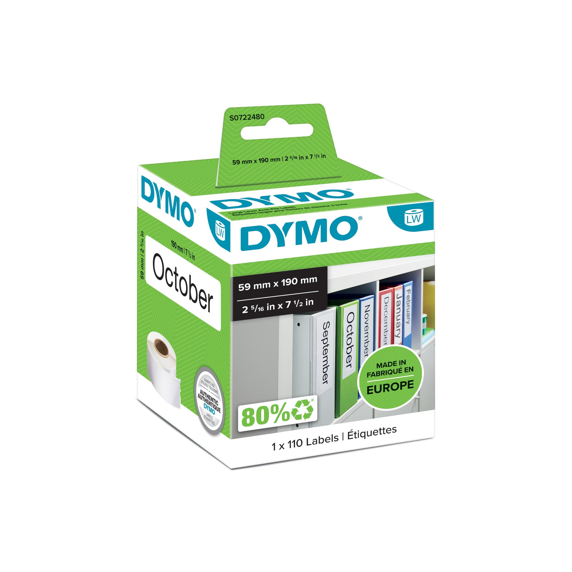 DYMO Ordner-Etiketten, 190 mm × 59 mm, weiss, permanent, für LabelWriter 320, Turbo 330, 400er Serie und andere