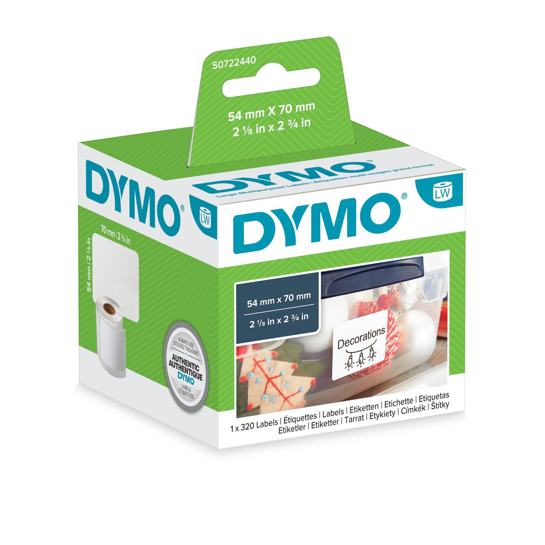 DYMO Druckeretiketten, 70 mm × 54 mm, weiss, Papier, permanent, für LabelWriter 320 und andere, 320 Stück