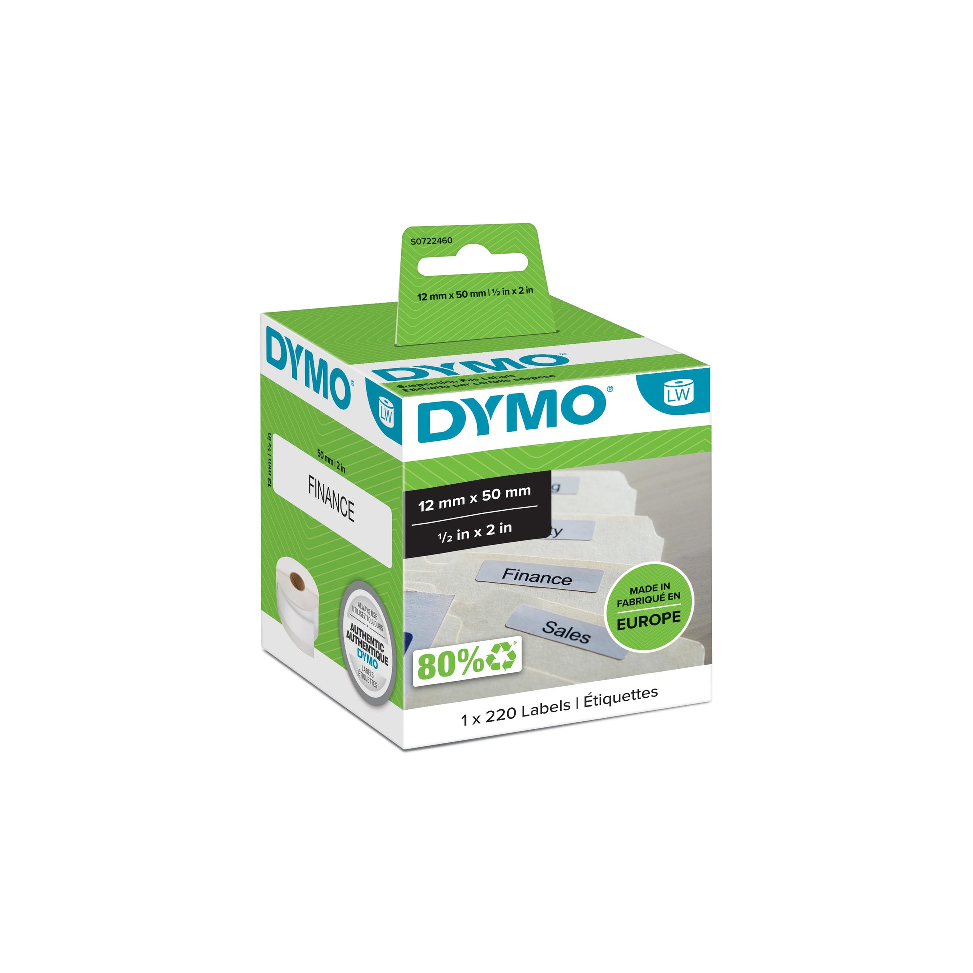 DYMO Etiketten, 50 mm × 12 mm, weiss, Papier, permanent, für LabelWriter 310, 320, Turbo 330 und andere, 220 Stück.